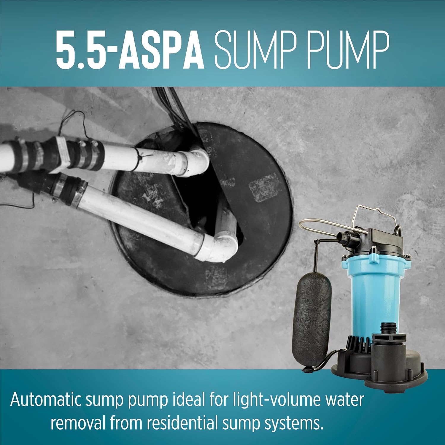 Little Giant 5.5-ASPA 115V, 1/4 HP Aluminum Automatic Sump Pump, 10' Cord | 2100 GPH, Submersible, Integral Snap Action Float Switch