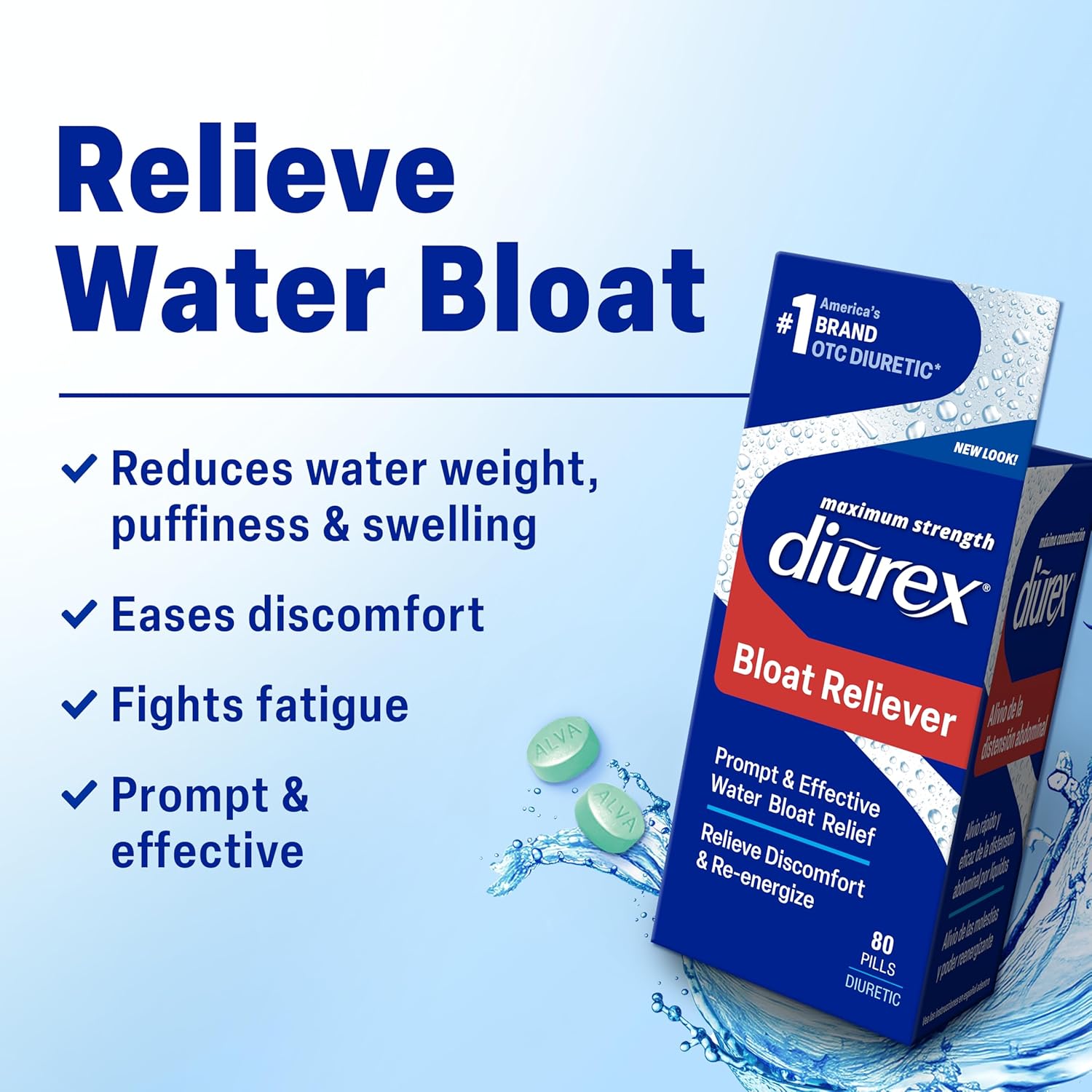 Diurex Ultra Re-Energizing Water Pills - Relieve Water Bloat - Feel Better & Less Heavy - 80 Count | Promptly relieves water & belly bloat, discomfort