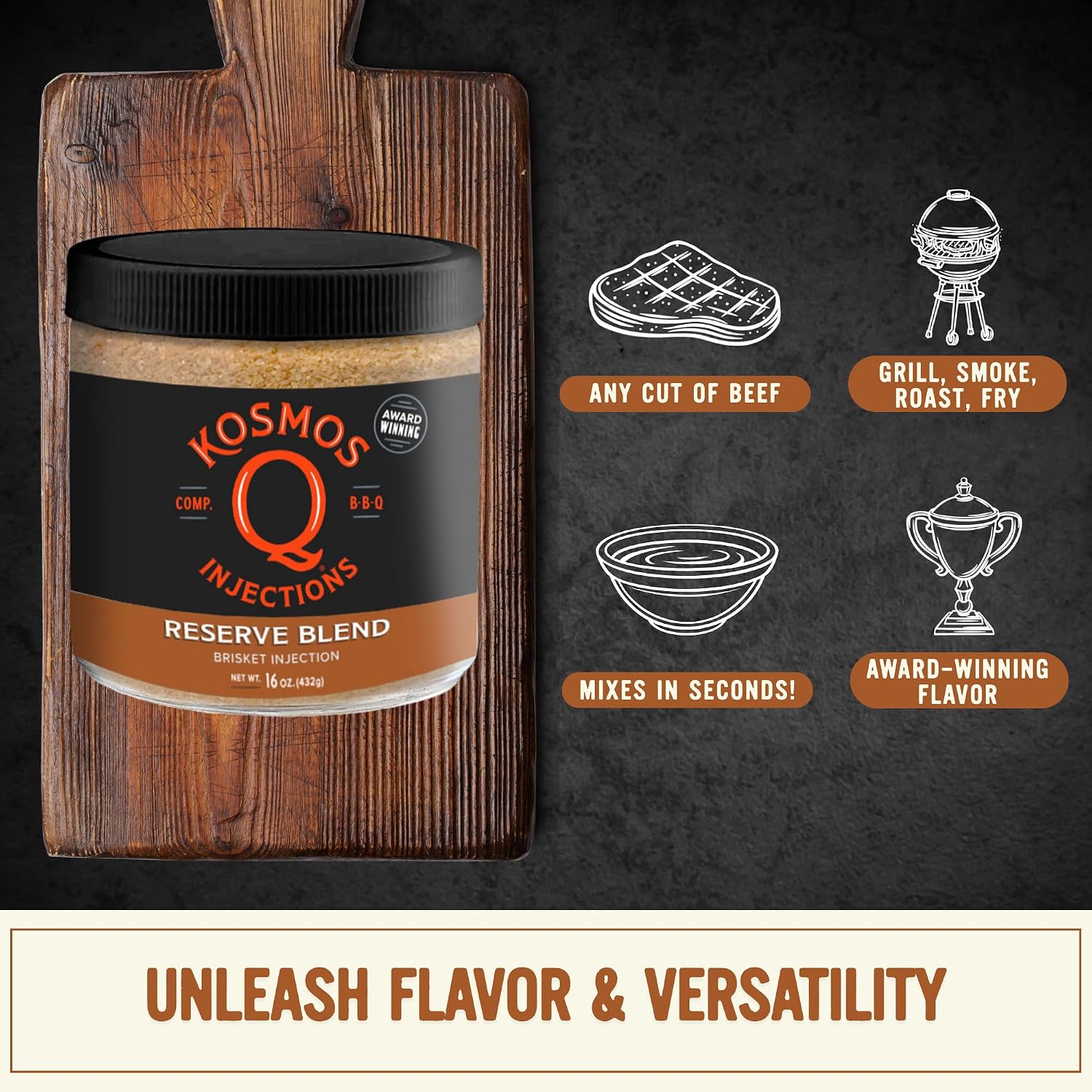 Kosmos Q Reserve Blend Brisket Injection, Premium Beef BBQ Marinade for Tender & Juicy Brisket, Phosphate-Enhanced for Moisture Retention, Competition-Grade Seasoning, Gluten Free, 16 Oz Jar