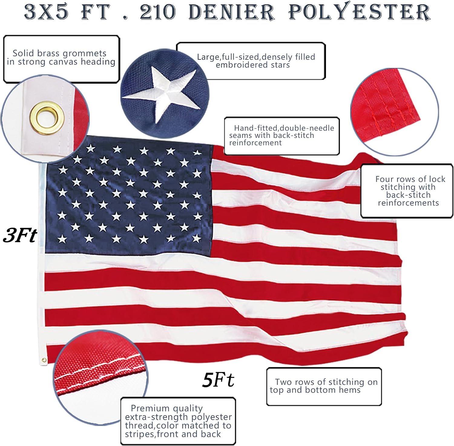 ANLEY EverStrong Series American Flag 6x10 Foot Heavy Duty - Embroidered Stars and Sewn Stripes - 4 Rows of Lock Stitching - US National Banner Flags with Brass Grommets 6 X 10 Ft