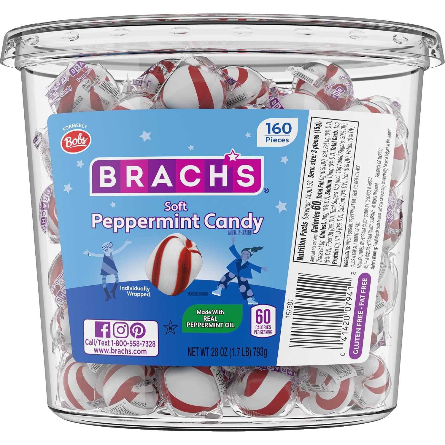 Brach's Sweet Stripes Soft Peppermint Candy, Individually Wrapped, 350 Ct | Melt-away soft peppermint mints, red & white, real peppermint oil, individually wrapped, party, candy dish