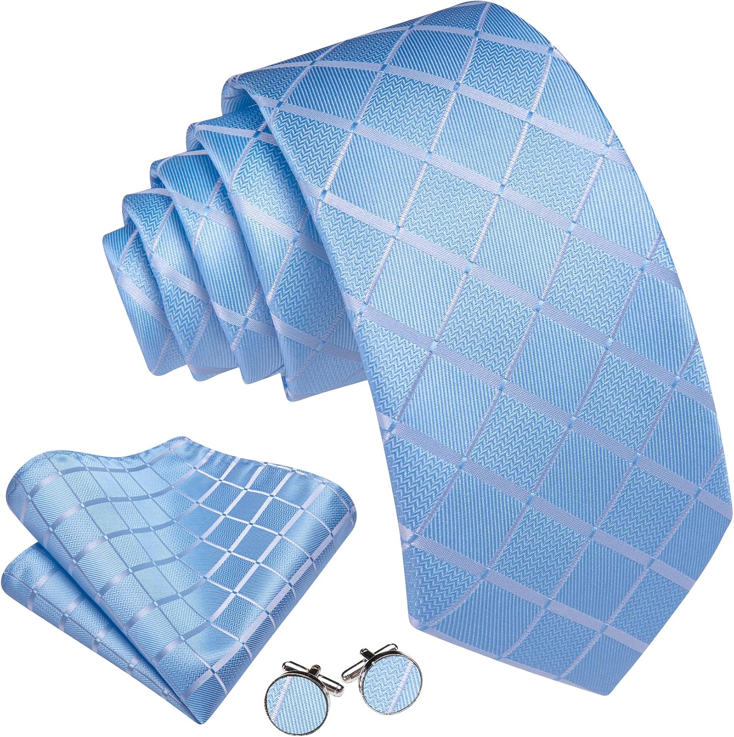 Barry.Wang Plaid Ties for Men Silk Necktie Handkerchief Cuff Links Set