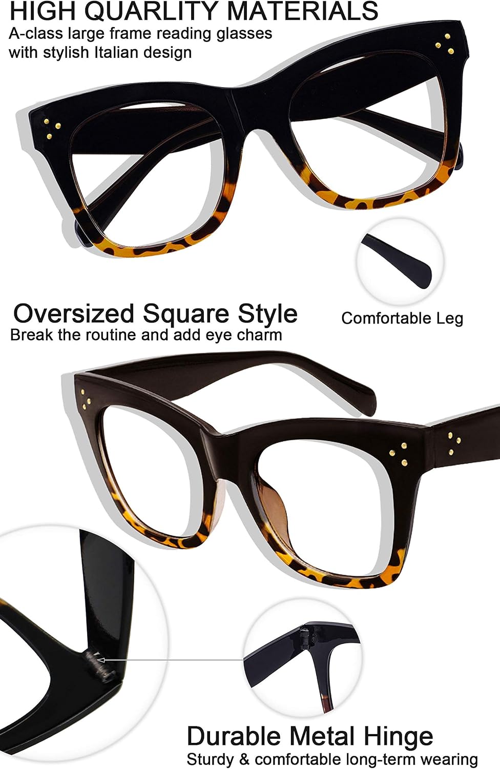 MARE AZZURO Oversized Reading Glasses Women Trendy Large Readers 0 1.0 1.25 1.5 1.75 2.0 2.25 2.5 2.75 3.0 3.5 4.0 5.0 6.0 (Black, 250)