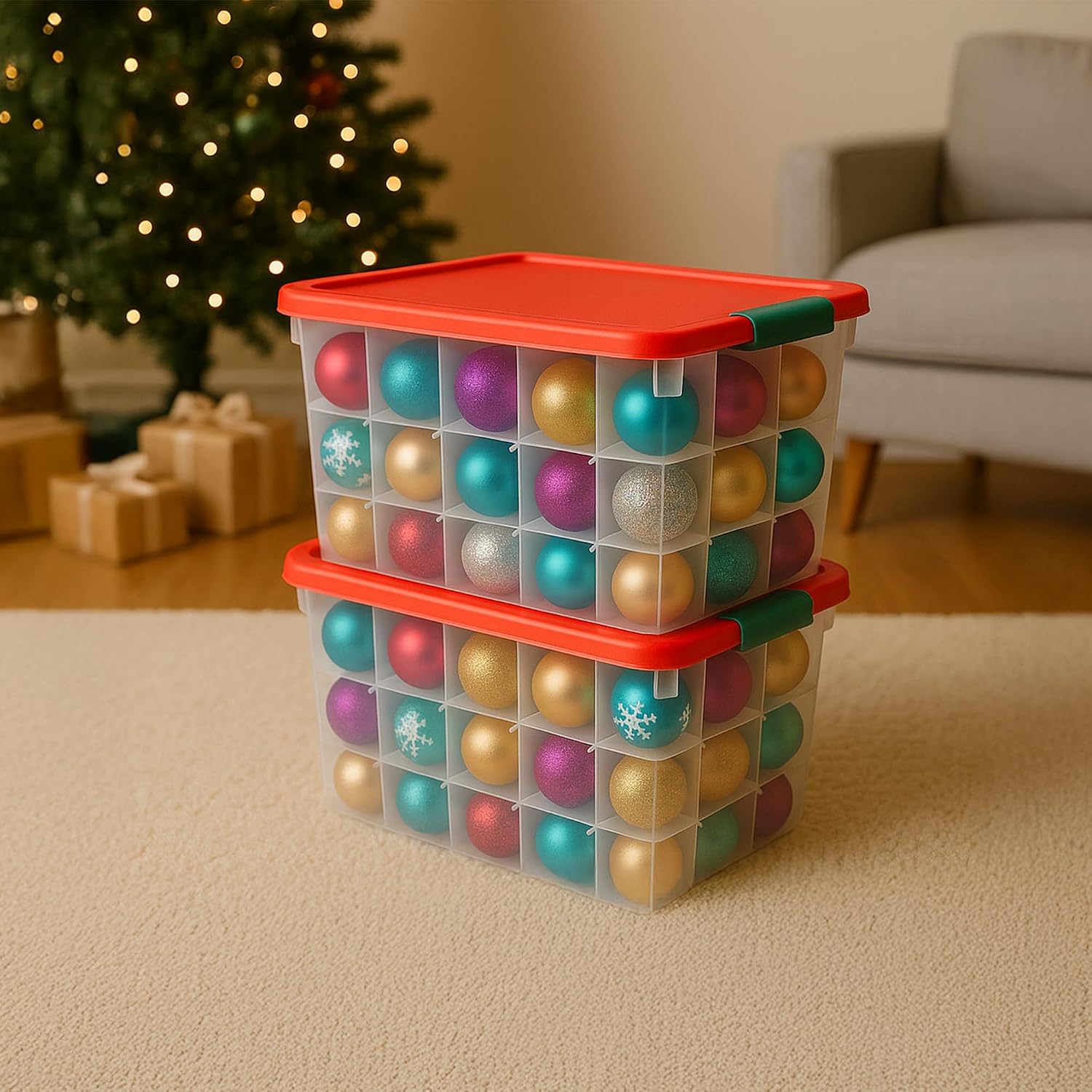 HOMZ Holiday Tote Plastic Storage Bin with Lid, 112 Qt, Clear/Red, 2 Pack
