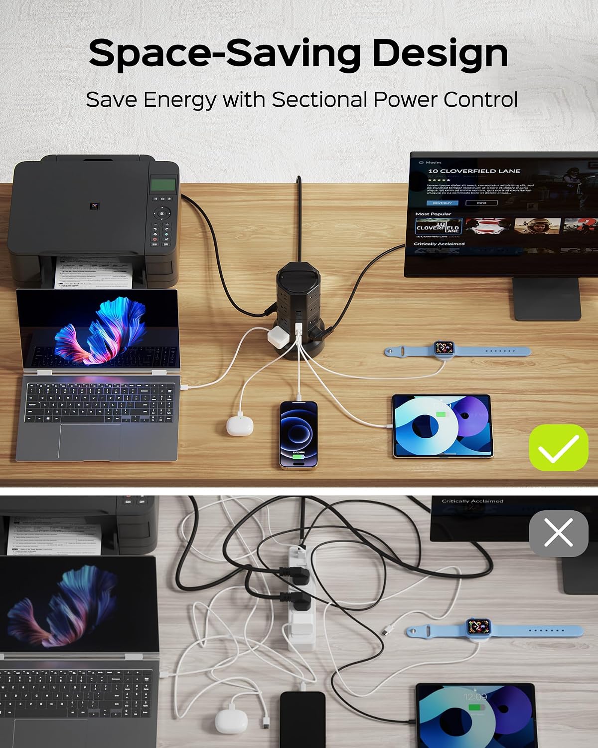 JACKYLED Power Strip Tower Surge Protector, 12 AC 6 USB (2 USB C), 1050J