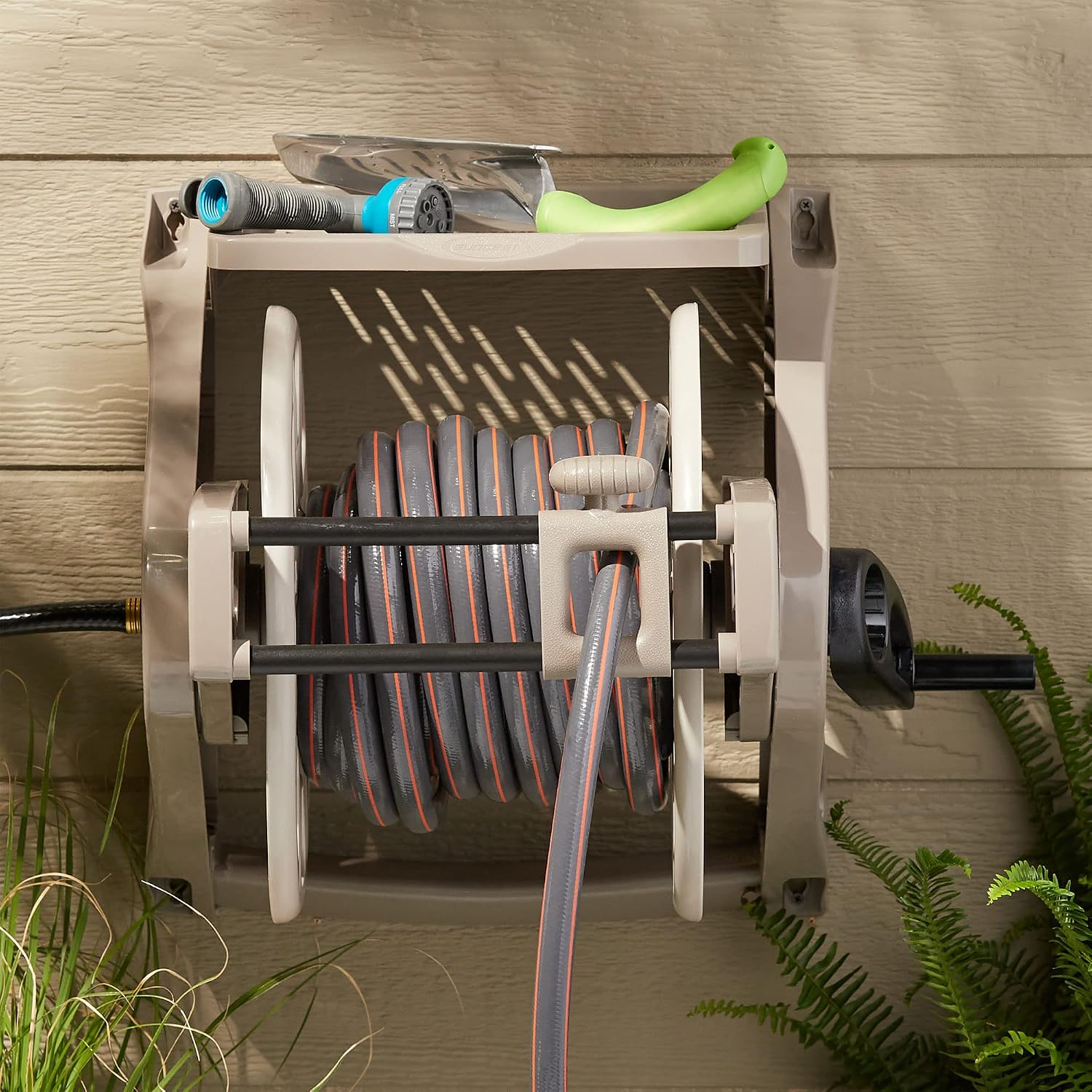 Suncast Slide Trak Garden Hose Reel, Wall-Mount Holder with Storage Tray, Dark Taupe - Outdoor Mounted Organizer for 175 Ft of 5/8" Standard Vinyl Water Hoses in Lawn and Yard
