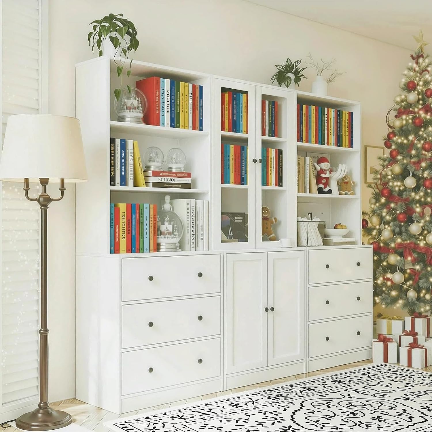 TUSY 71" H Bookcase with Storage | 6-Tier Modern Bookshelf with Drawers, Display Bookcase with Glass Doors, White Curio Cabinet for Home Office, Living Room