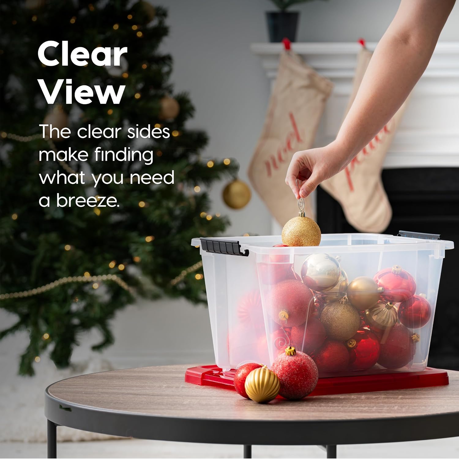 IRIS USA 2-Pack Holiday Ornament Storage Box with Attached Lid, Clear/Red