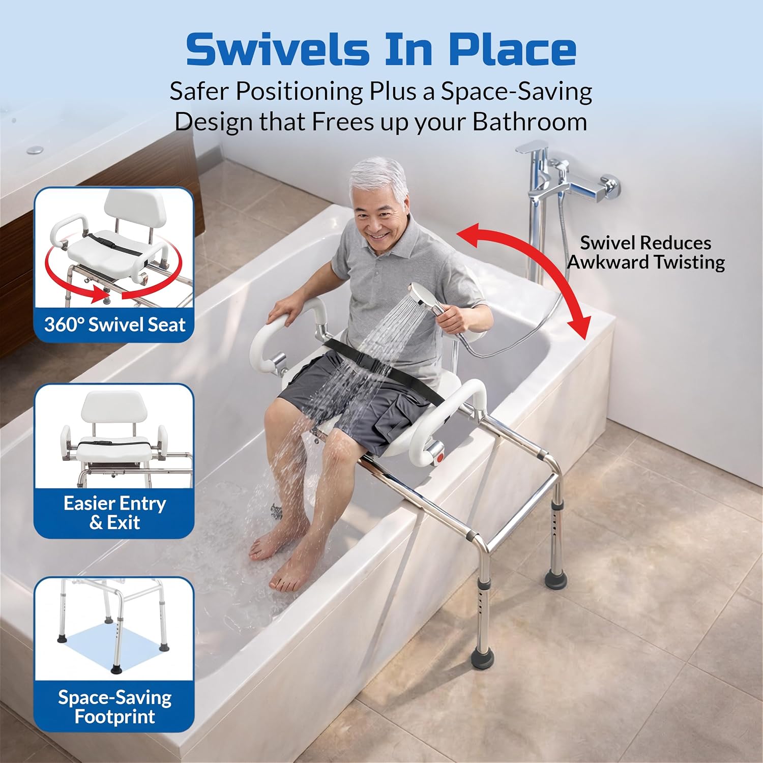 Carousel Sliding Shower Chair Tub Transfer Bench with Swivel Seat Elderly | Slide Safely In & Out of the Tub - Blue, padded seat, padded armrests, swivel seat, backrest, portable, tool-free assembly