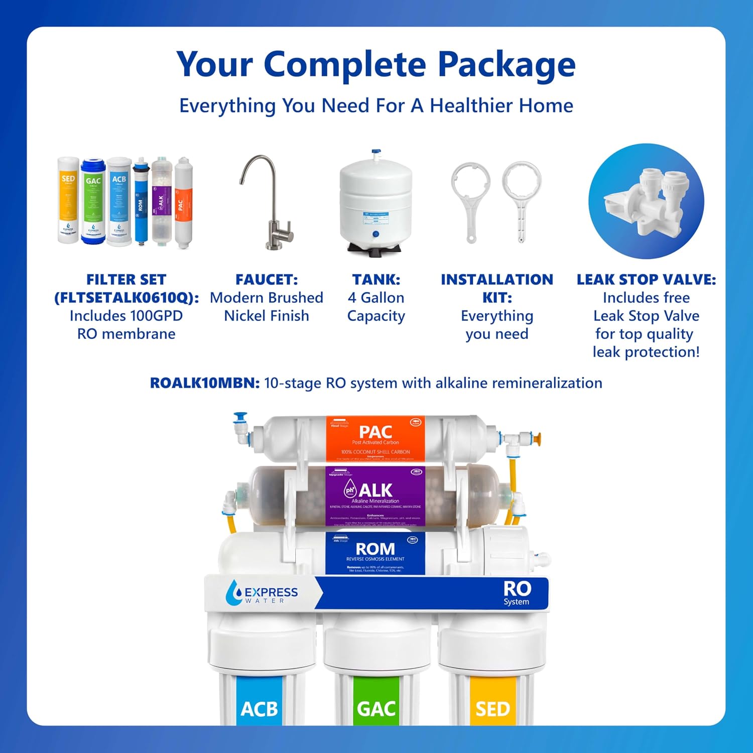 Express Water ROALK5D, 10-Stage Under Sink RO System, Alkaline, 50 GPD | NSF Certified 372, Deluxe Chrome Facuet, Reduces 99% of Impurities, BPA Free, Leak Detection