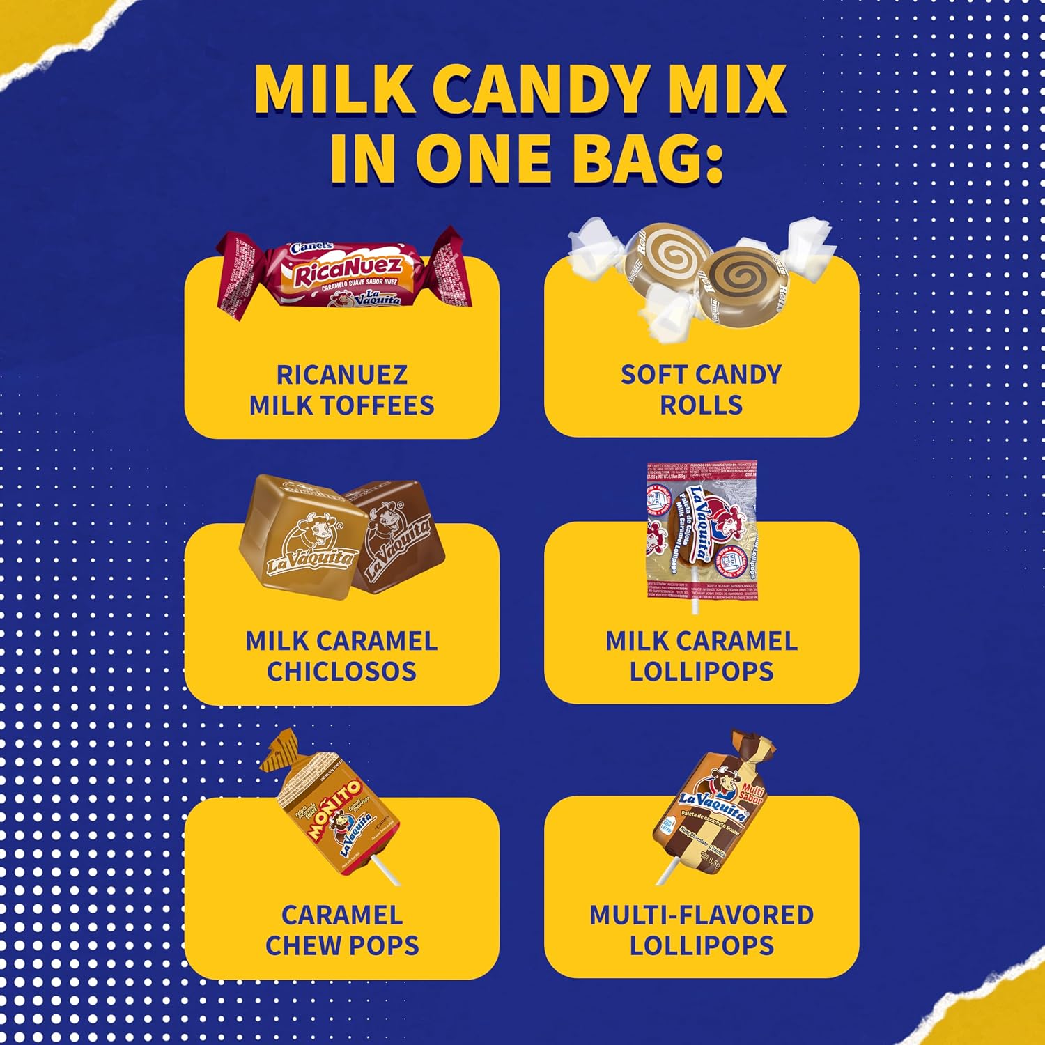 Canel's La Vaquita Assorted Milk Candy Mix, with Caramels, Coconut, Chocolate, and Pecan, Soft and Hard Candy and Lollipops, for Parties and Sharing