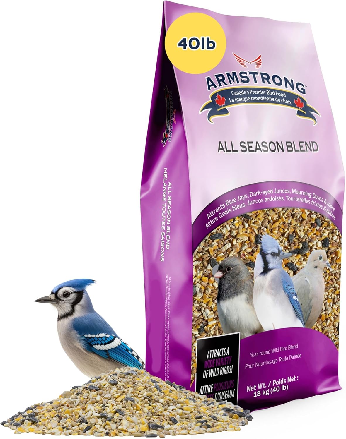 Armstrong Wild Bird Food All Season Bird Seed Blend, 40 Pounds - with Cut Corn, Wheat, White & Red Millet, Black Oil Sunflower Seeds for Blue Jays