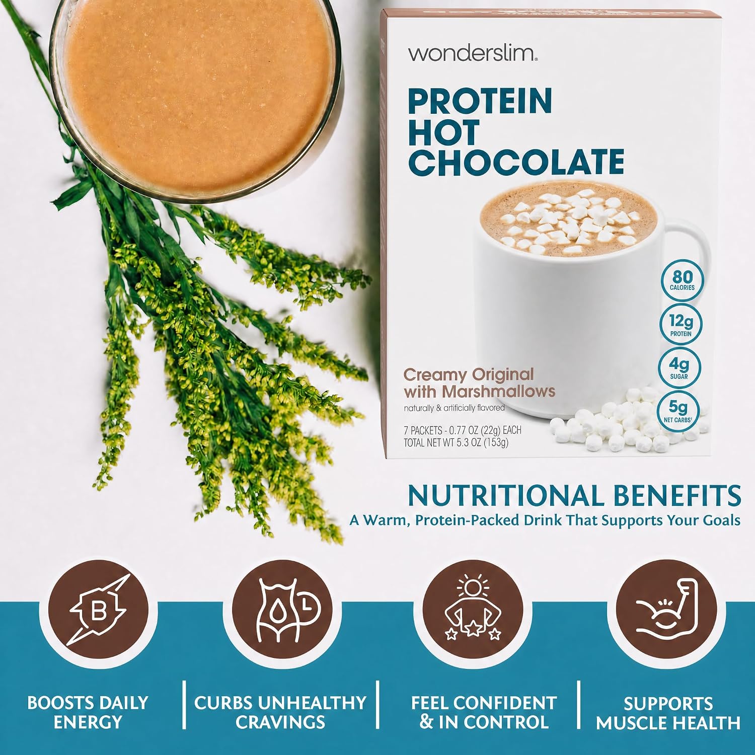 Wonderslim Protein Coffee Drink Mix with Casein Protein – 7 ct (Cappuccino) | With Collagen, 12g Protein, 70 Calories, Low Sugar, 3g Net Carbs, Keto Friendly, Gluten Free, GLP-1 Friendly Coffee Drink Mix
