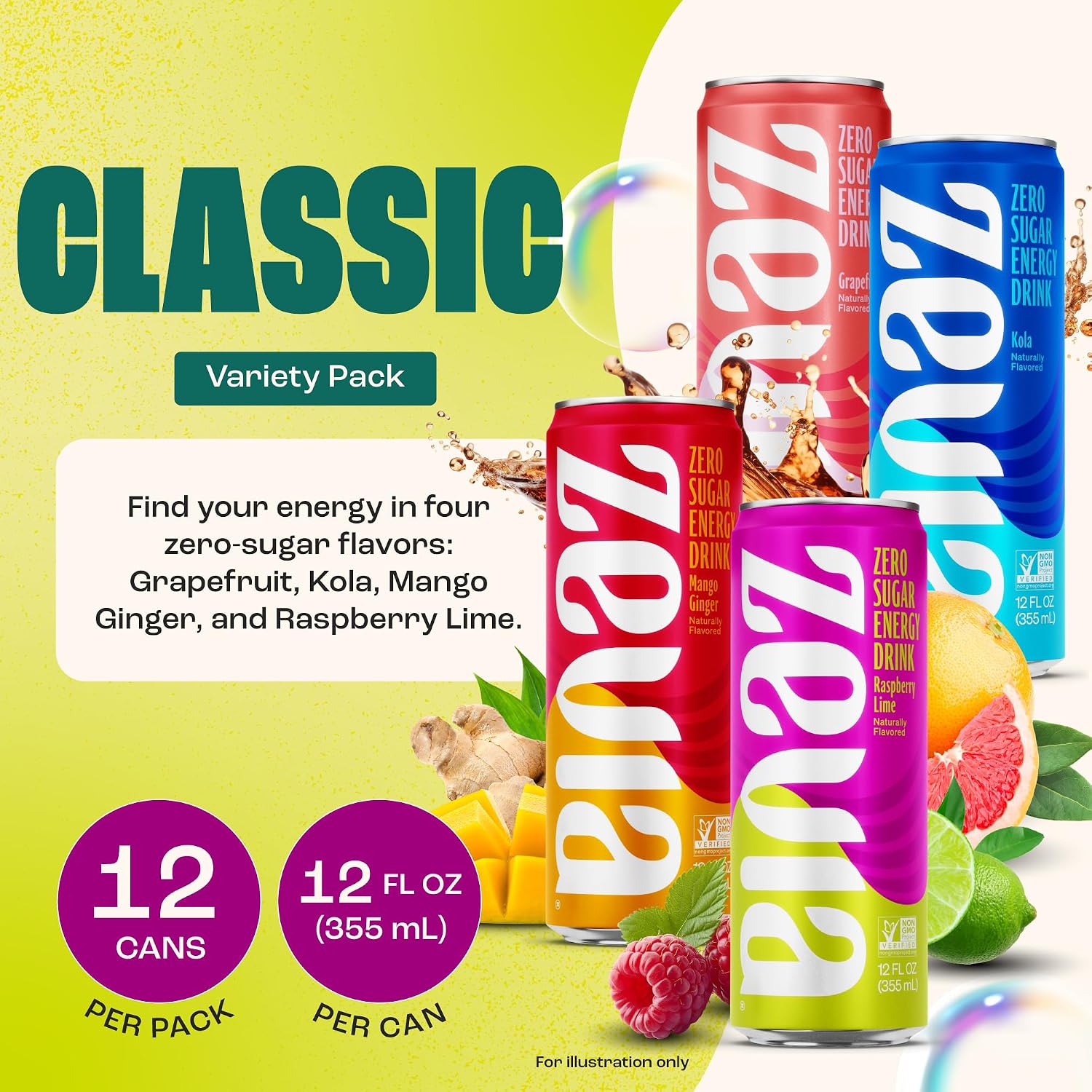 Zevia Zero Sugar Energy Drink, Raspberry Lime, 12 oz Cans (12-Pack) – Naturally Sweetened, Zero Calorie Sugar Free Energy - Non-GMO Project Verified, Gluten-Free, Vegan