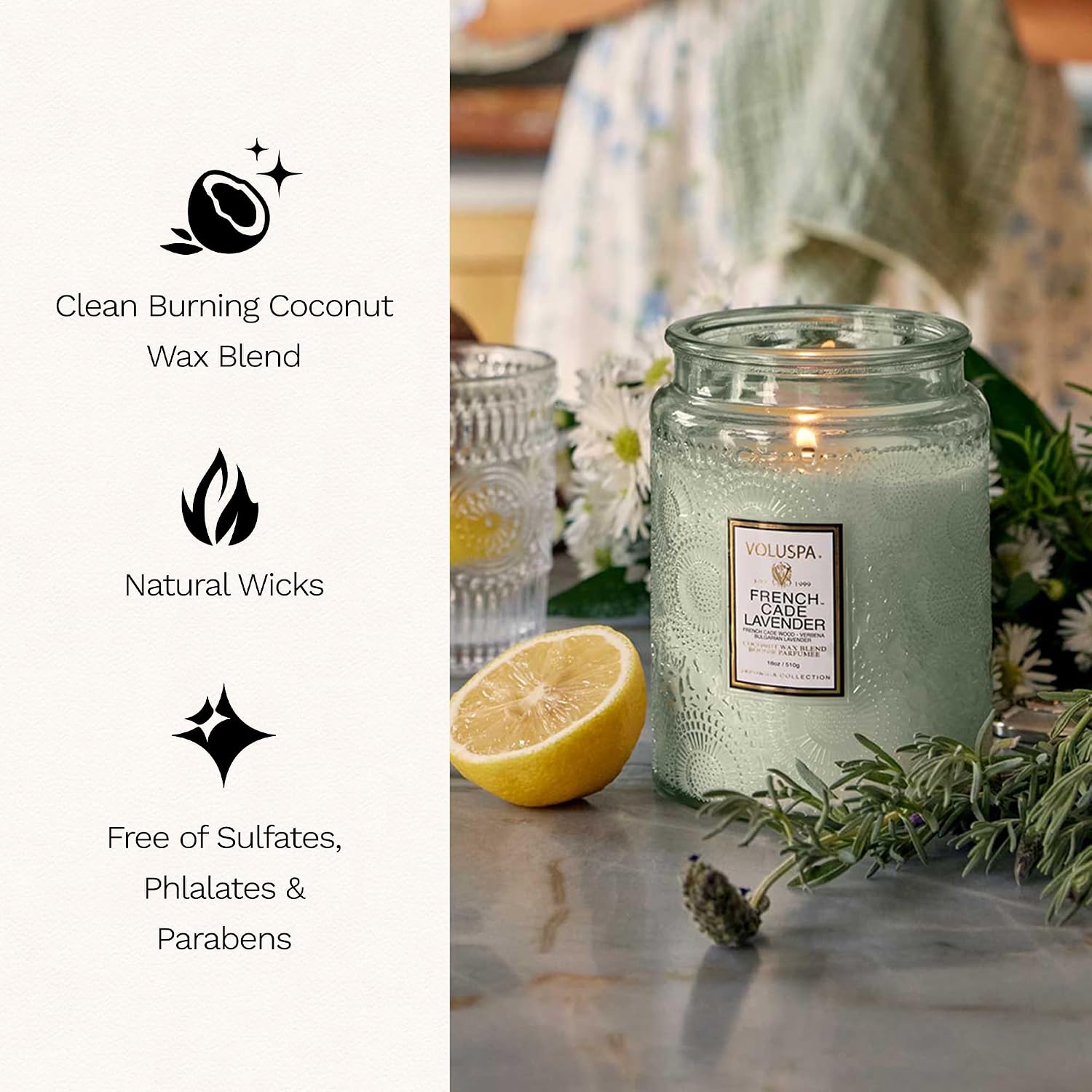 Voluspa French Cade Lavender Large Scented Candle Jar 18 Oz, 100 Hr Burn | Coconut Wax Blend in Decorative Glass, Clean Even Burn, USA Handcrafted Gift for Hosts, Fragrance Lovers & Relaxed Rooms