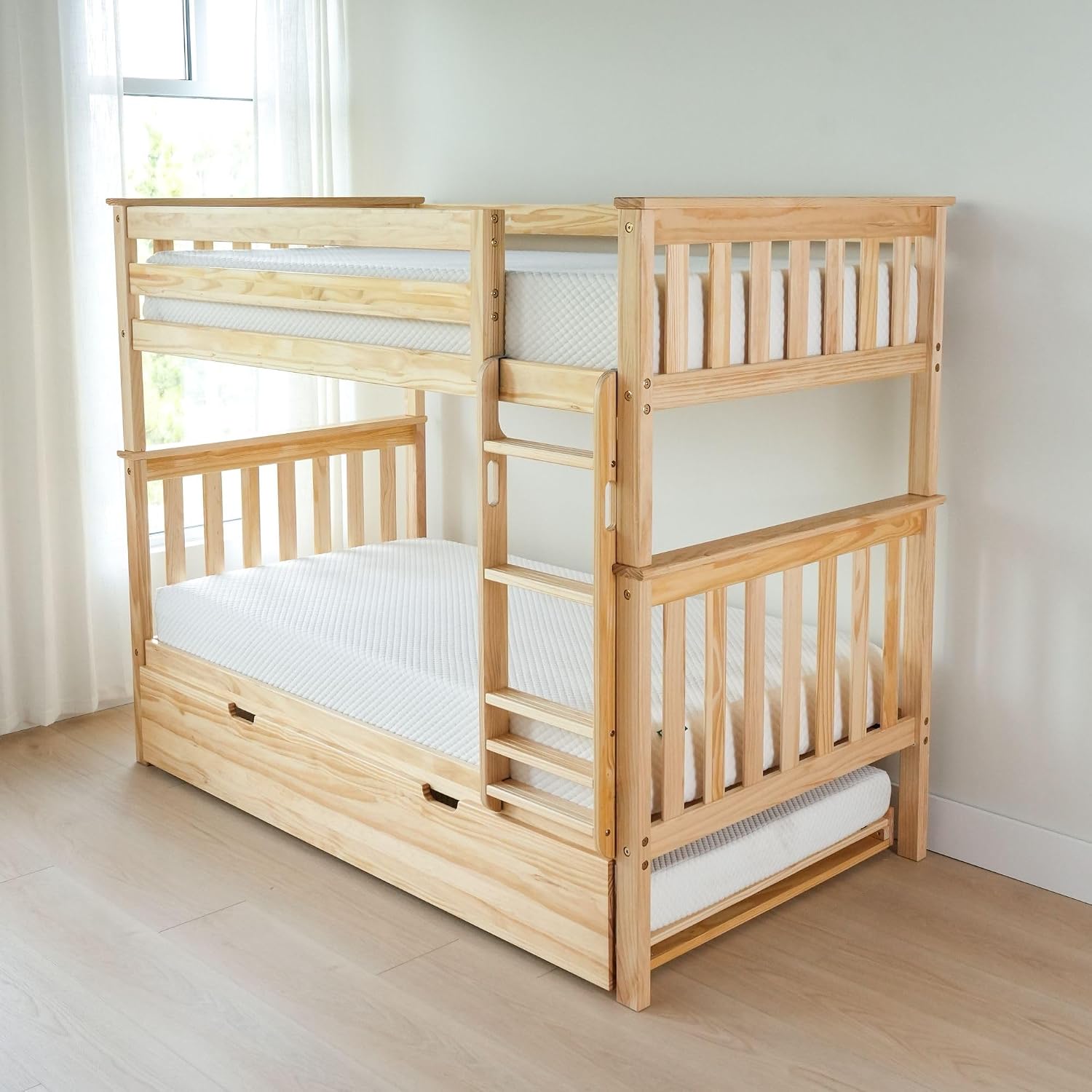 Max & Lily Bunk Bed Twin over Twin, Solid Wood Bunk Bed Frame with Ladder for Kids, 14" Safety Guardrails, Easy Assembly, No Box Spring Needed, White