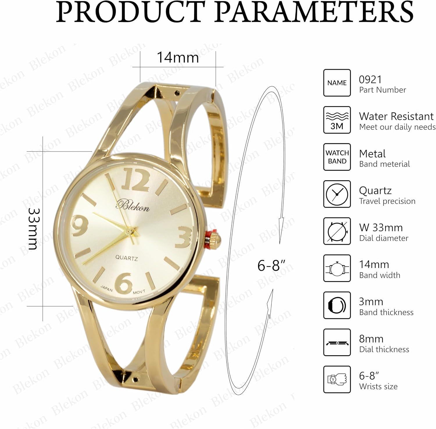 Collections Women's Elegant Analog Quartz Watch - 33mm Case, Casual Metal Cuff Bangle Design, Adjustable Fit for 7-8 Inch Wrist Size