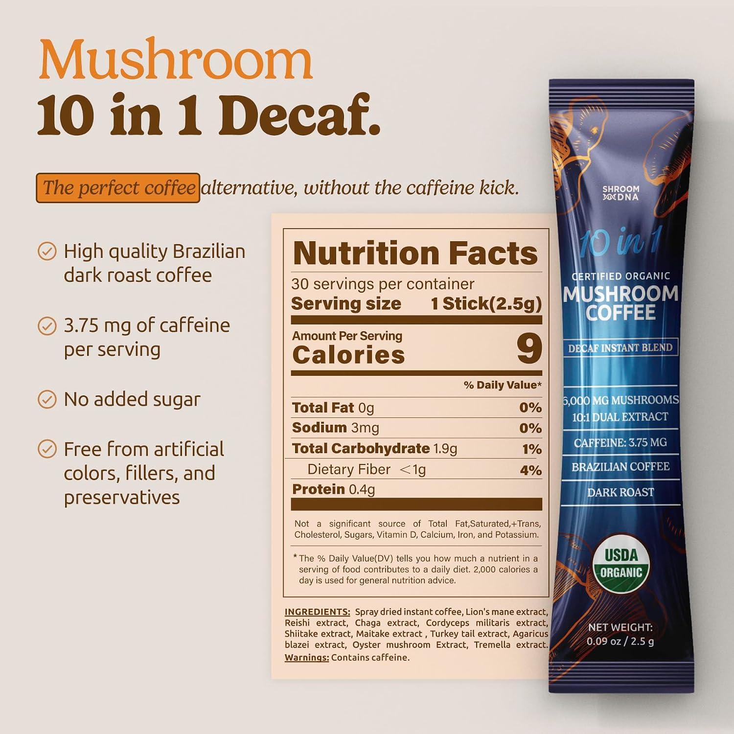 ShroomDNA Mushroom Coffee Blend with Chaga & Lion's Mane | Instant Focus + Clarity All Day | Organic + Vegan + Gluten Free | No Added Sugar | 20 Count