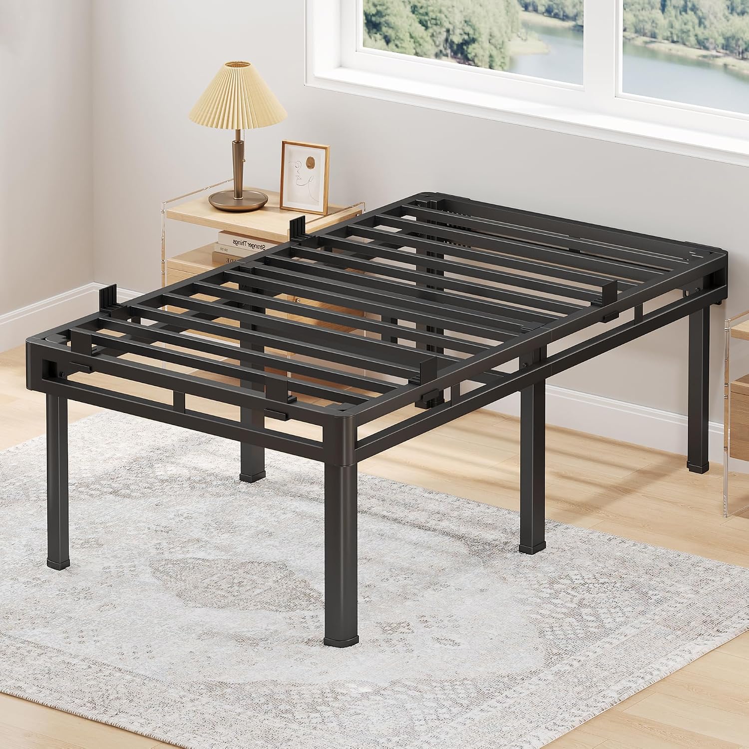 Superay 24 inch HIgh Queen Bed Frame with Rounded Legs, Double Layer Design | Metal Bed Frame & Box Spring 2 in 1 High Platform with Matress Gasket & headboard Adapter, Heavy Duty Support 4000lbs, Black