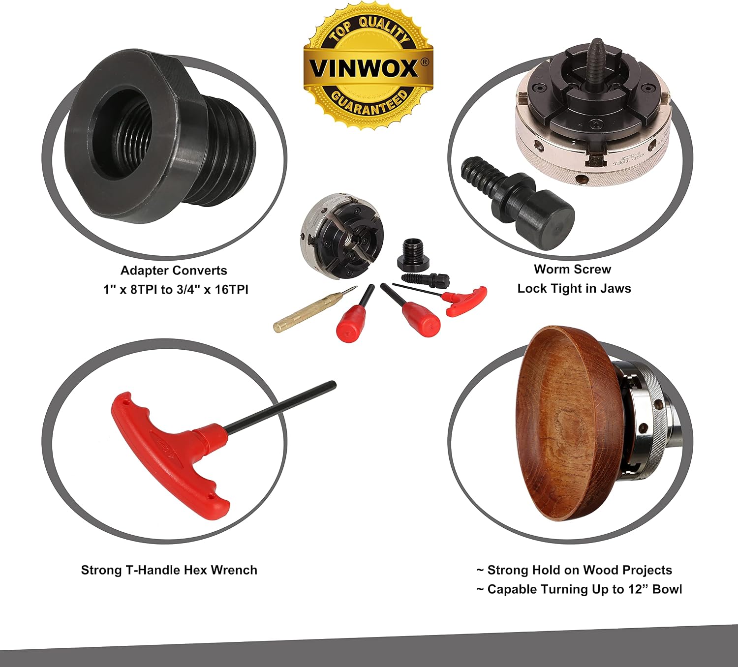 4INCH 4-Jaw Self-Centering Wood Lathe Chuck, 2" Round Jaw Mounted, 1"x8TPI thread & 3/4"x16TPI Adapter, T Allen Wrench, Screw Chuck, SCR4-4