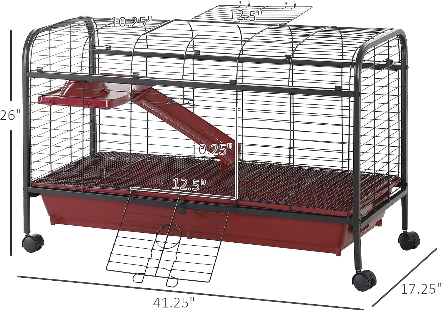 PawHut 41" L Small Animal Cage Rabbit Hutch with Feeder, Rolling Wheels Red