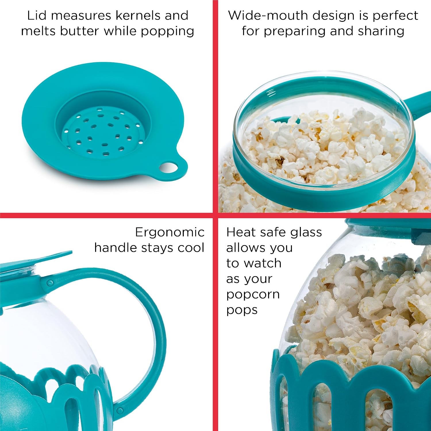 Ecolution Patented Micro-Pop Microwave Popcorn Popper with Temperature Safe Glass, 3-in-1 Lid Measures Kernels and Melts Butter, Made Without BPA, Dishwasher Safe, 3-Quart, Red