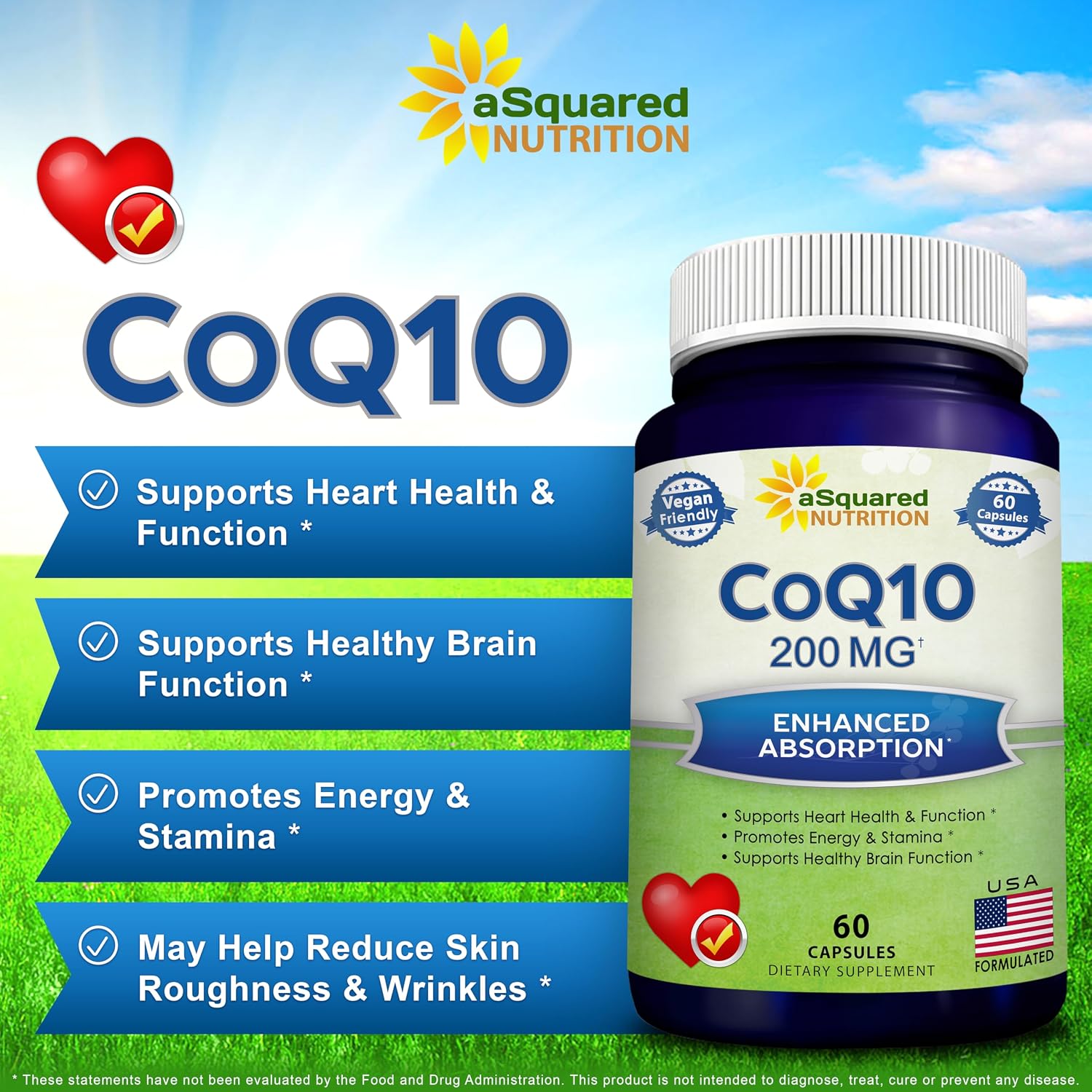 aSquared Nutrition CoQ10 (200 Capsules and 200mg) - High Absorption Vegan CO Q-10 Powder - Enzyme Ubiquinone Supplement Pills, Extra Antioxidant Coenzyme Q10 Vitamin, Coq 10 Alernative to Softgels