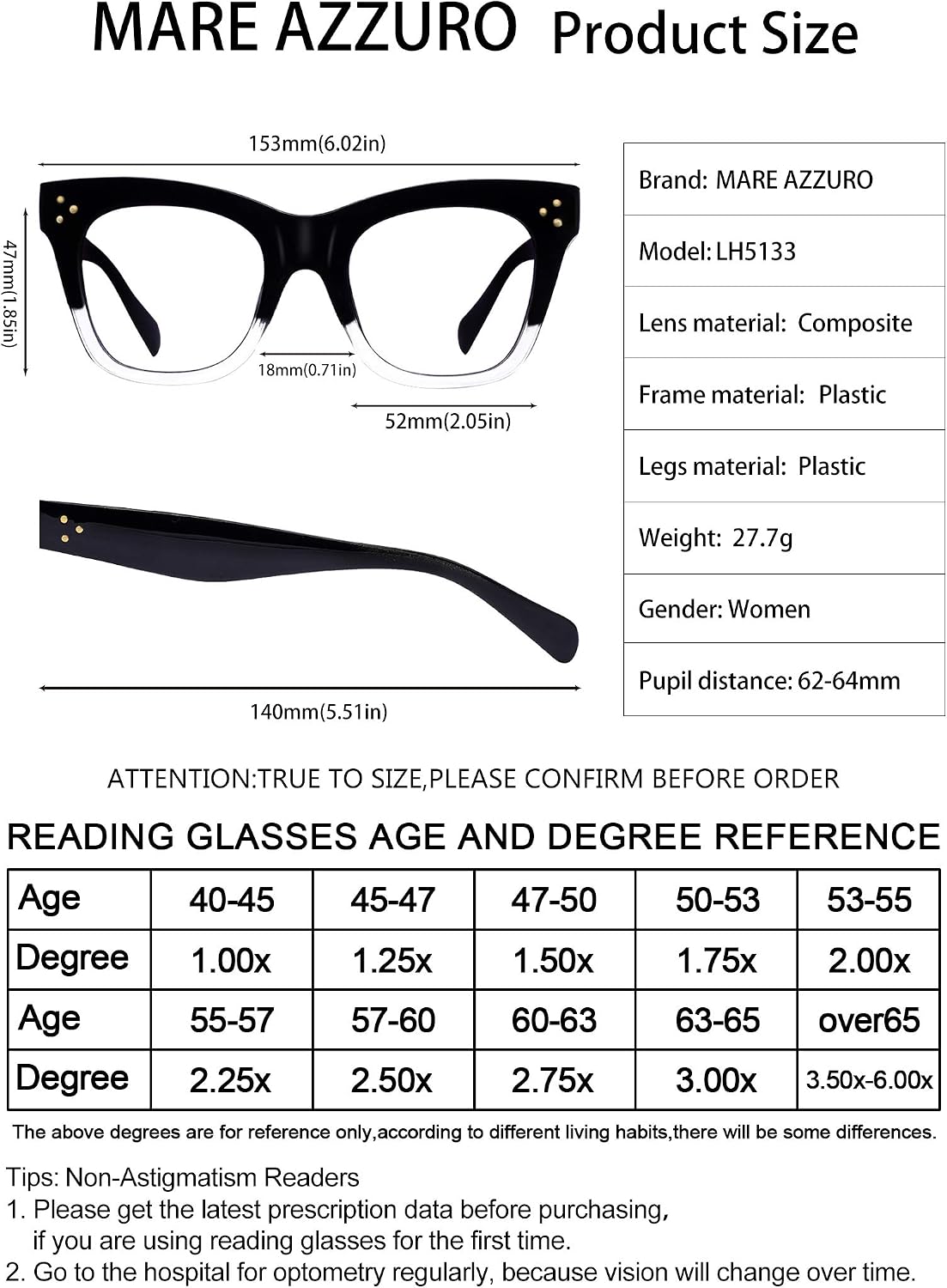 MARE AZZURO Oversized Reading Glasses Women Trendy Large Readers 0 1.0 1.25 1.5 1.75 2.0 2.25 2.5 2.75 3.0 3.5 4.0 5.0 6.0 (Black, 250)