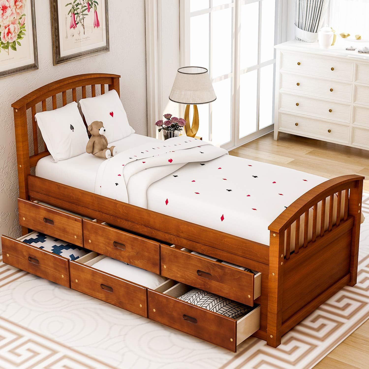 Merax Twin Size Platform Storage Bed Solid Wood Bed with 6 Drawers