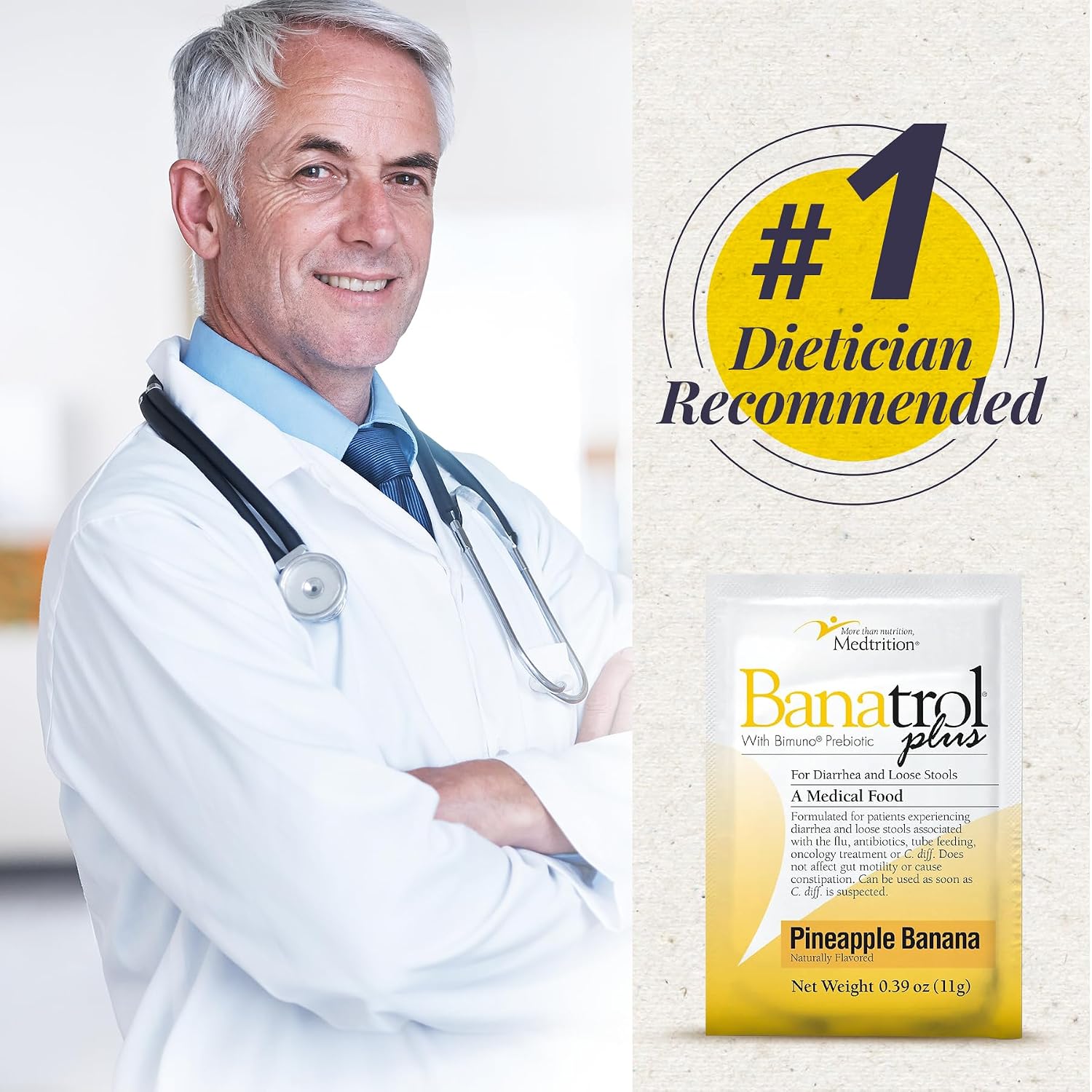 Medtrition Banatrol® Natural Anti-Diarrheal with Prebiotics, Relief from Chronic Diarrhea, IBS, Recurring Diarrhea, Clinically Supported Medical Food, Non-Constipating, 75 Servings (Pineapple)