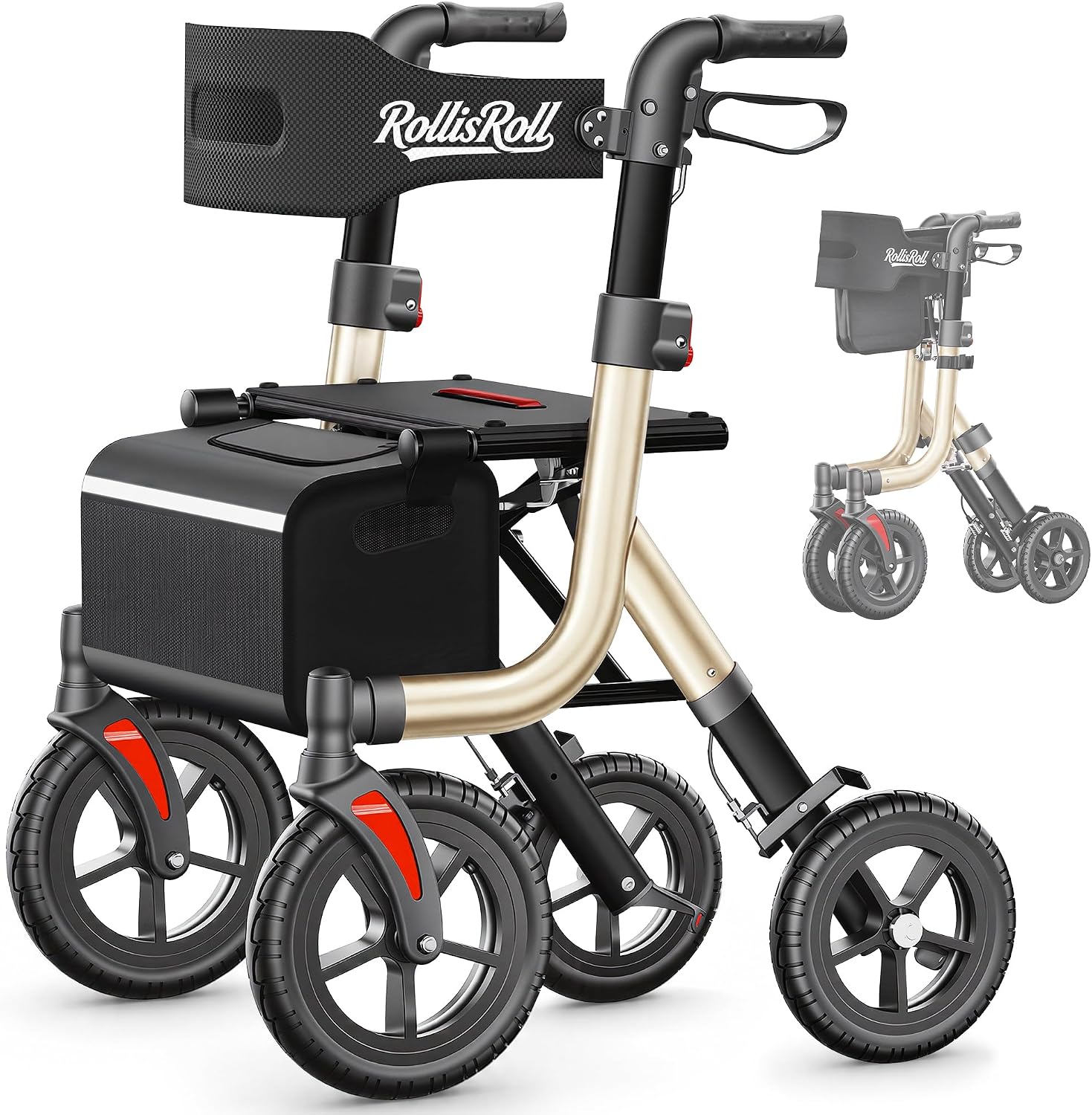 Walkers for Seniors, Rollator Walker with Seat, 10" Big Rubber Wheels All Terrain Rolling Walker, Lightweight Foldable Rollator Walker, Built-in Cable, Reinforced Aluminum Frame, Orange