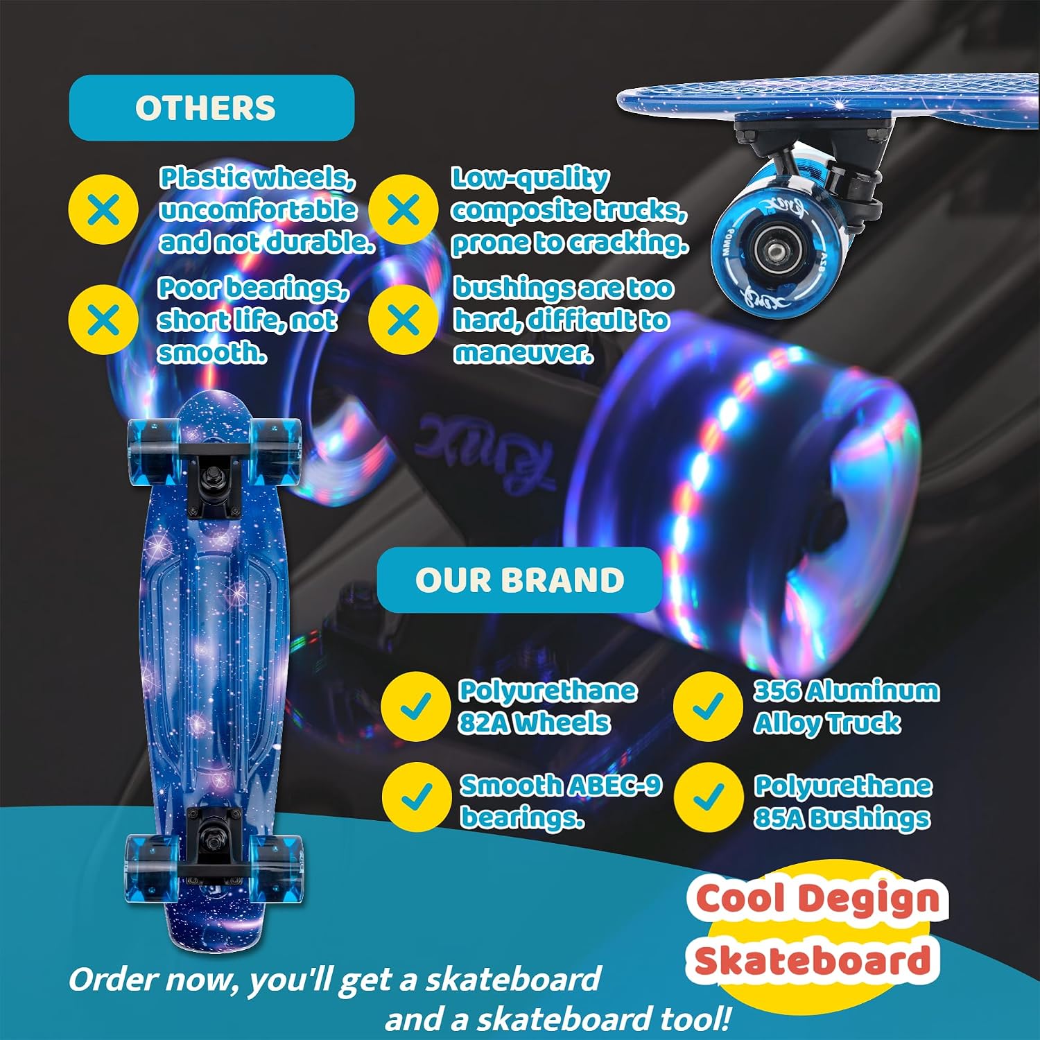 KMX Classic Retro Mini Cruiser Skateboard for Kids, Teens, Adults