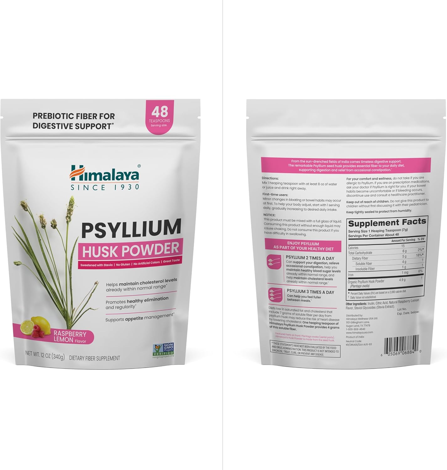 Himalaya USDA Organic Psyllium Whole Husk Powder, Natural Daily Fiber Supplement, Regularity, Appetite Management, Non-GMO, 56-Tablespoon Supply, Unflavored, 12 Oz