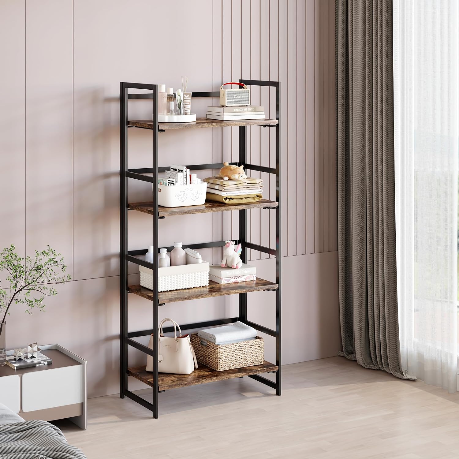 Vintage Multifunctional Folding Bookshelf, No-Assembly Plant Stand Storage Rack Shelves for Home Office (Fire, 5-Tier)