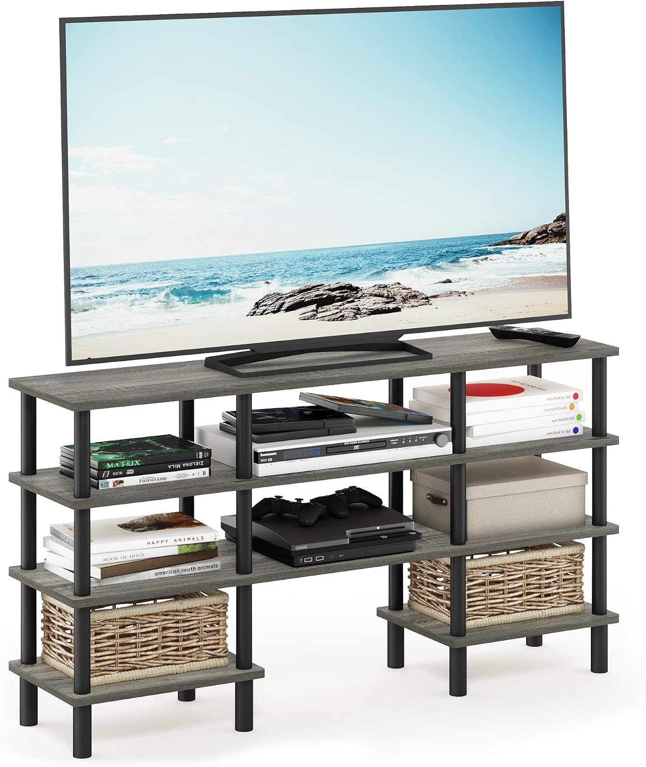 Furinno Nelly TV Stand, 3-Tier Entertainment Center with Open Shelves Storage, TV Console for TV up to 55 Inch, Soft Edges, for Living Room, Bedroom, Black