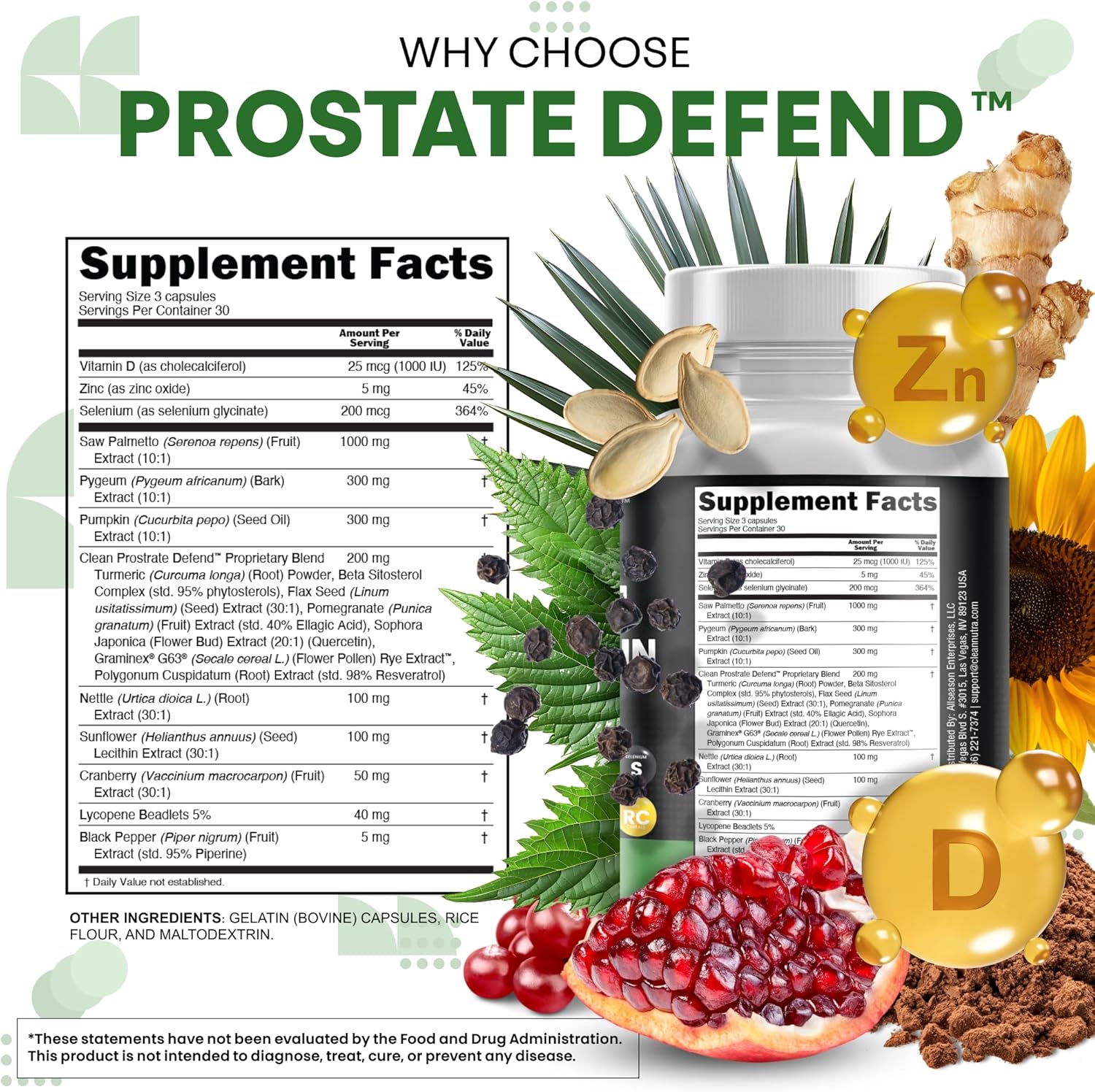 Clean Nutraceuticals Saw Palmetto Pumpkin Seed Oil Pygeum Sunflower Lecithin Stinging Nettle Cranberry - Prostate Supplements for Men with Lycopene