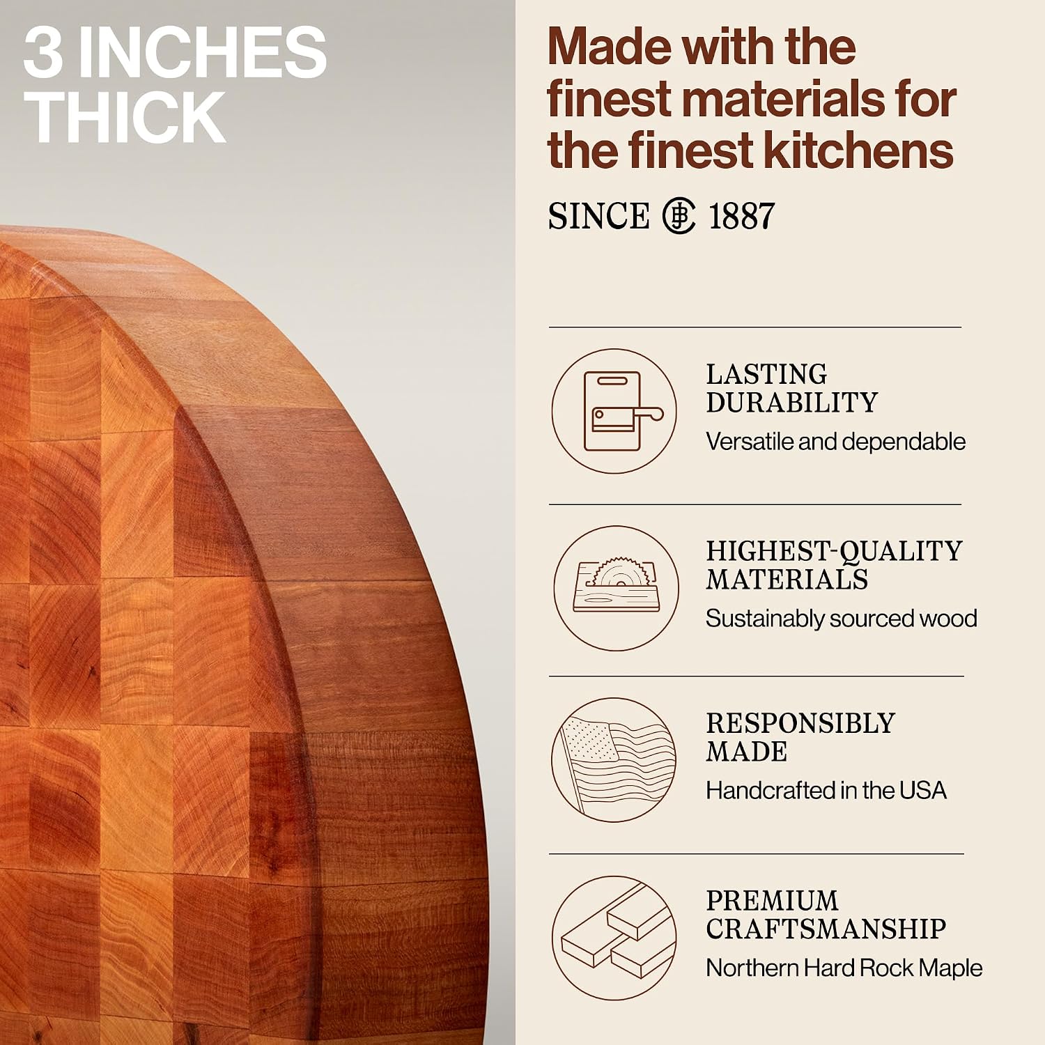 John Boos CCB Series Round Wooden Maple Cutting Board 18”x18” – 3” Thick, 22-lb Non-Reversible Butcher Block with End-Grain – Made in the USA