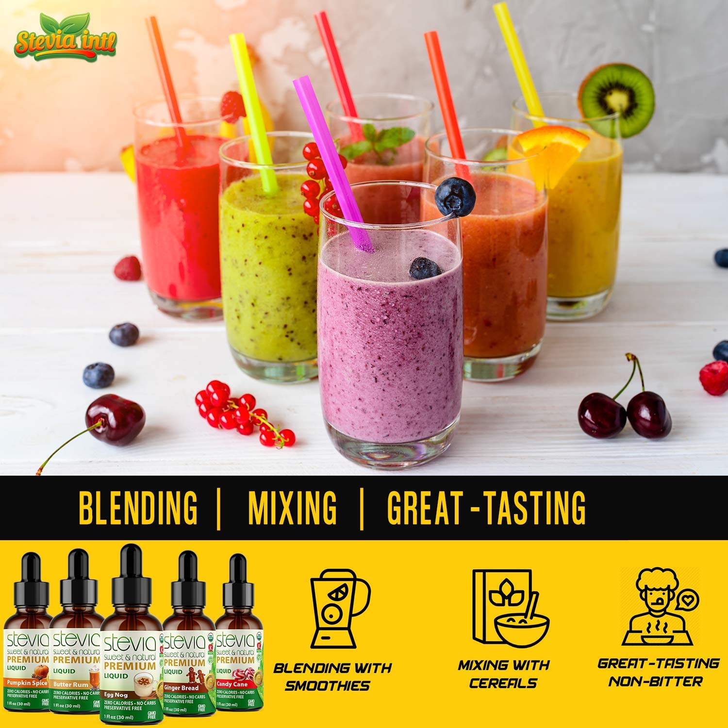 Stevia Intl - Holiday & Seasonal Special (Pack of 5). Premium Stevia Drops with 5 Flavors in Glass Bottles. 100% All-Natural Sweet, Non-Bitter