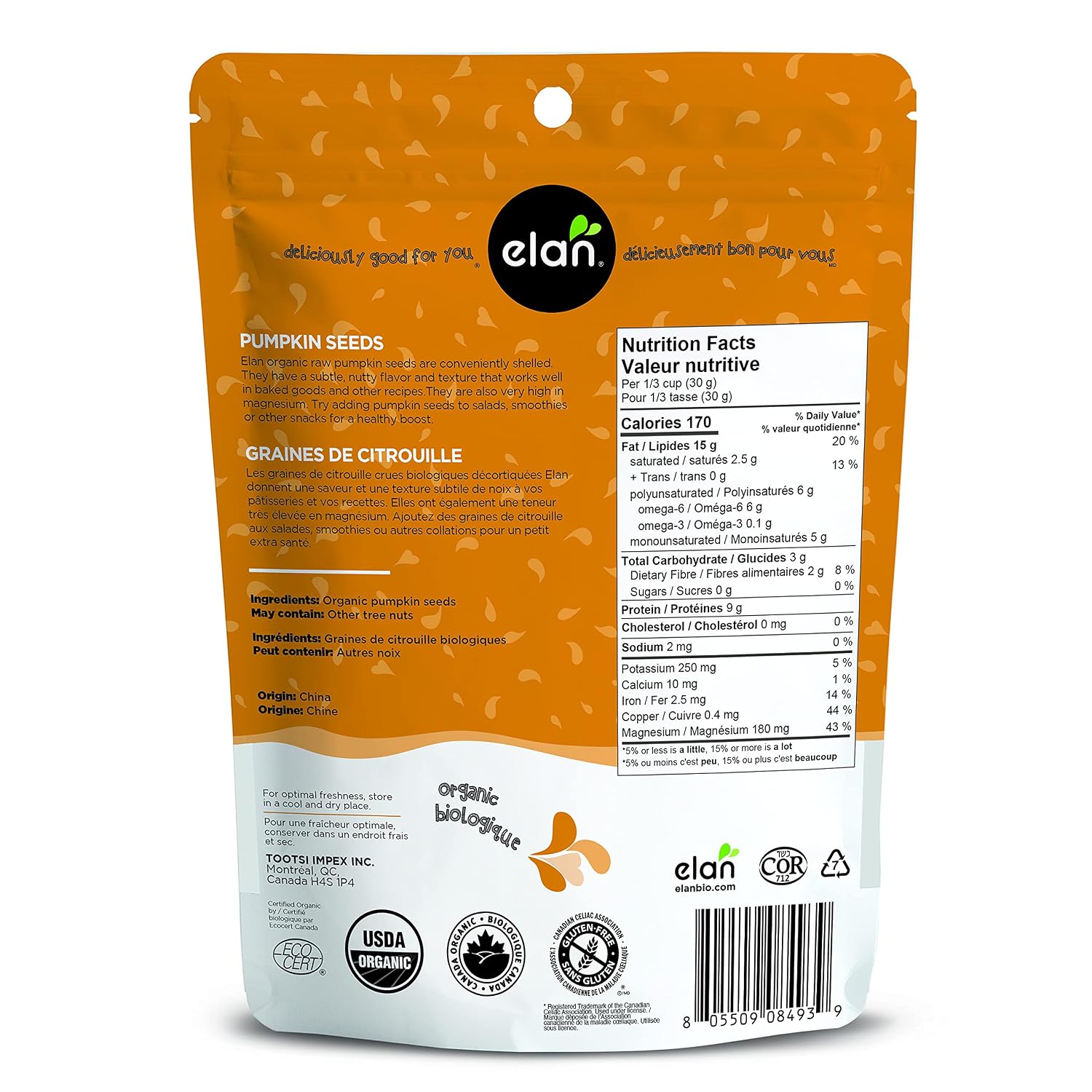 Elan Organic Pumpkin Seeds, 6.5 oz, Unsalted, Unroasted Shelled Kernels, No Shell, Non-GMO, Vegan, Gluten-Free, Kosher, Nutritious Seeds