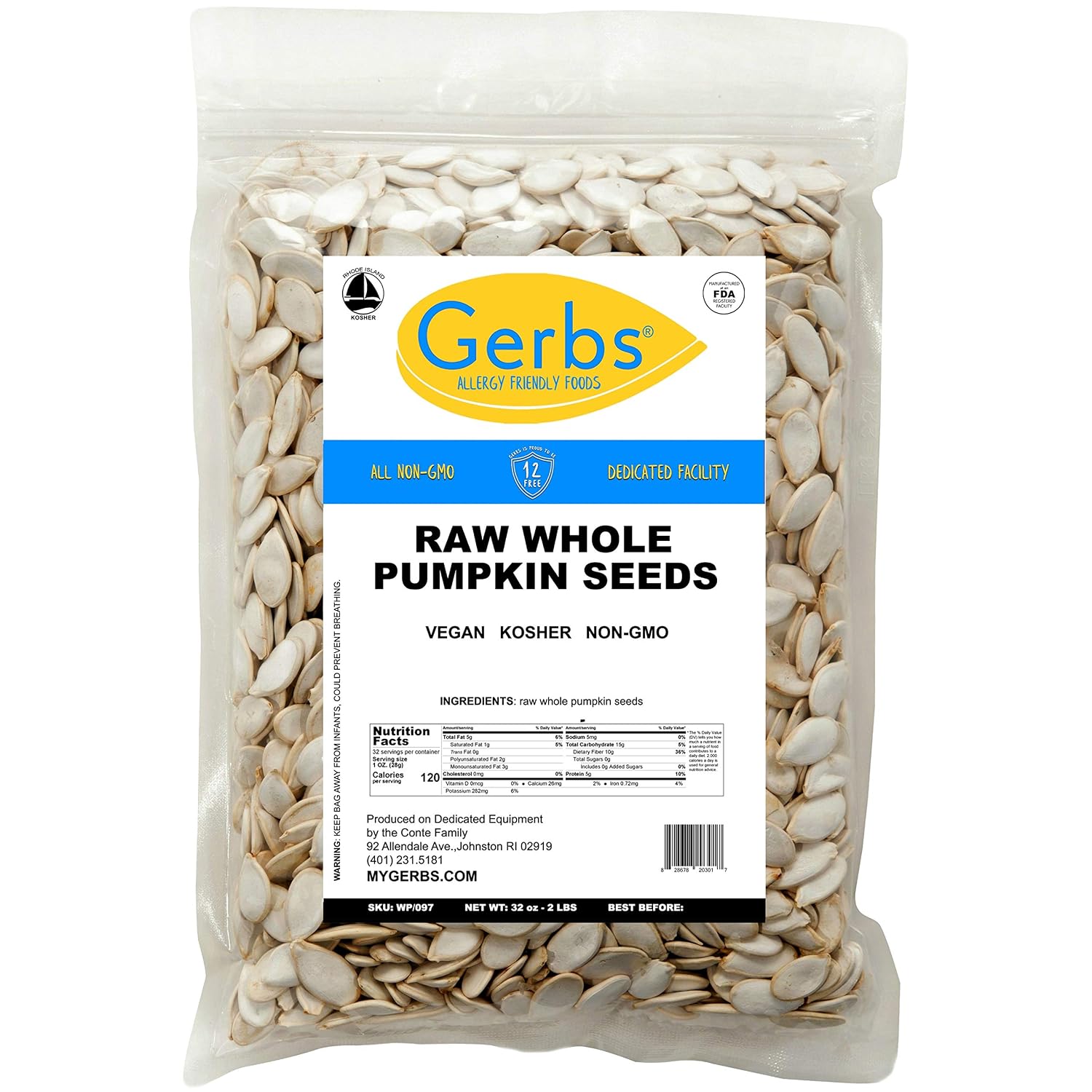 Gerbs Raw Whole Pumpkin Seeds 2 lbs. | In-Shell, 10.5 mm Size, Resealable Bag | Mildly Nutty & Crunchy | Top 14 Allergen-Free