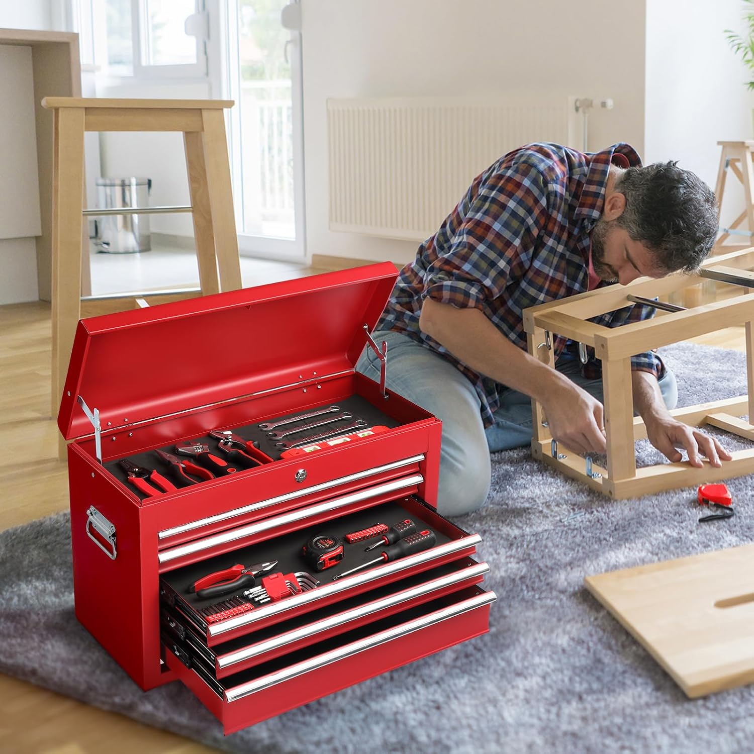24" Metal Portable Tool Box with 5 Drawers, Lockable, Red | ToolBox with Top Storage Tray, Carry Handle, Ball Bearing Runners, Tool Chest Cabinet for Garage, Warehouse, Repair Shop