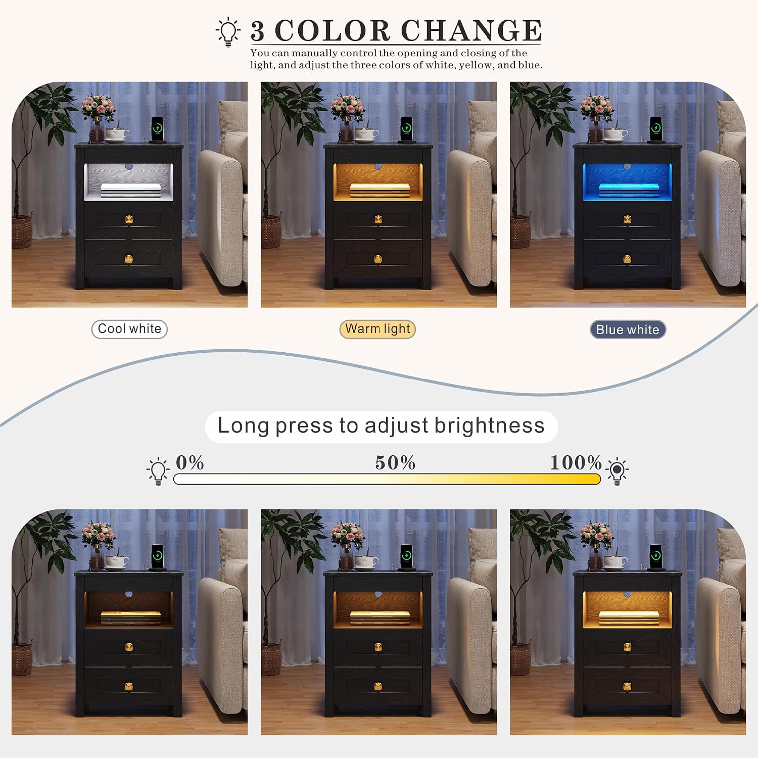 Farmhouse LED Nightstand with Gun Drawer&Invisible Lock,Modern Bedside Table with Human Sensor Design,Rustic Side Table with Wireless Charging for Living Room, Dark Oak