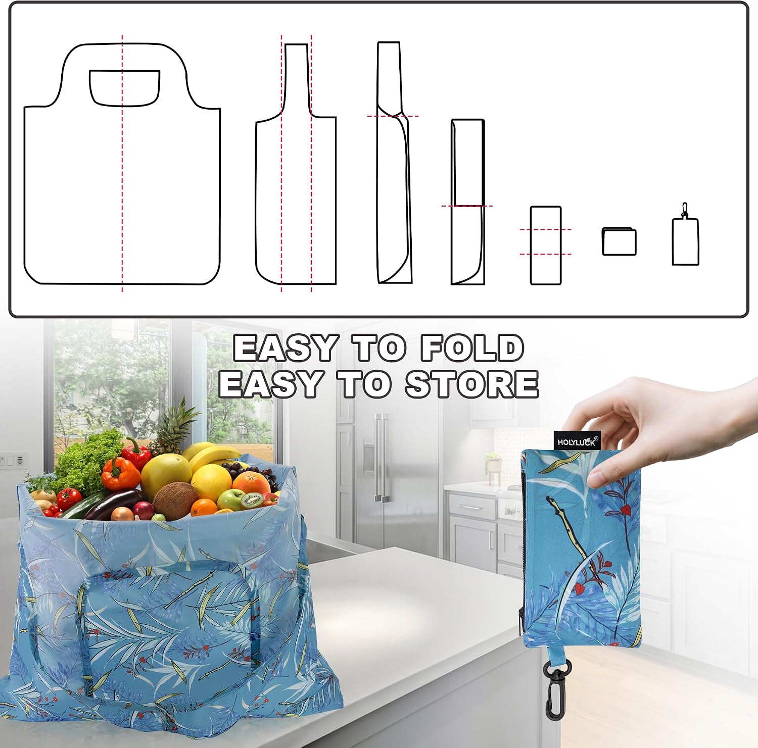 HOLYLUCK Reusable Grocery Bags,Heavy Duty Foldable Shopping Tote Bag (Standard, 3 Blue Geometric Flowers)
