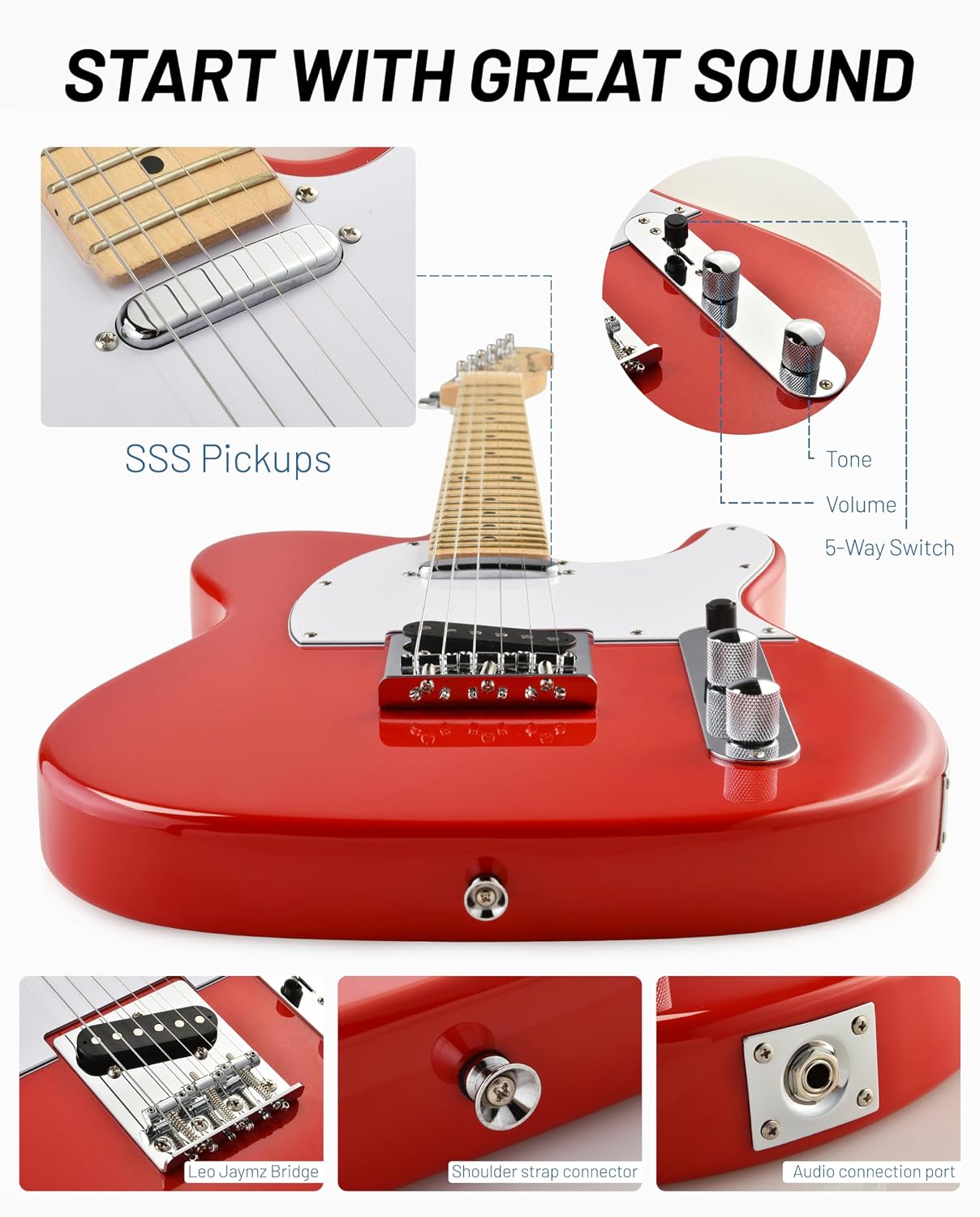 Leo Jaymz Beginner Electric Guitar Complete Kit with Portable Amp, Padded Gig Bag & Full Accessories, Maple Neck (TL-White)