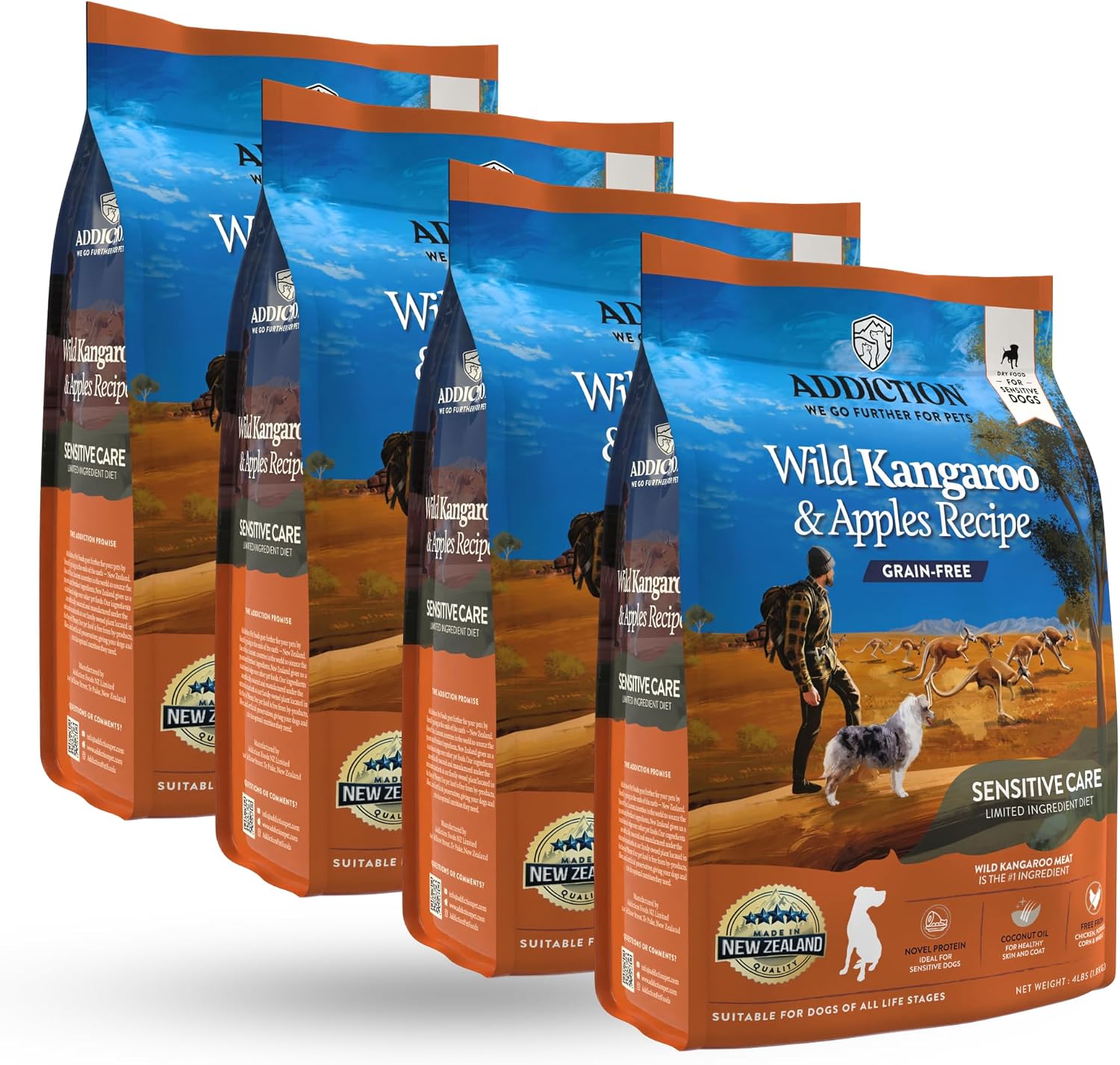 Addiction Wild Kangaroo & Apples Dry Dog Food - Limited Ingredient Diet for Dogs with Allergies & Sensitive Skin - 100% Kangaroo Meat, No Meal - Grain-Free - Made in New Zealand 4lb