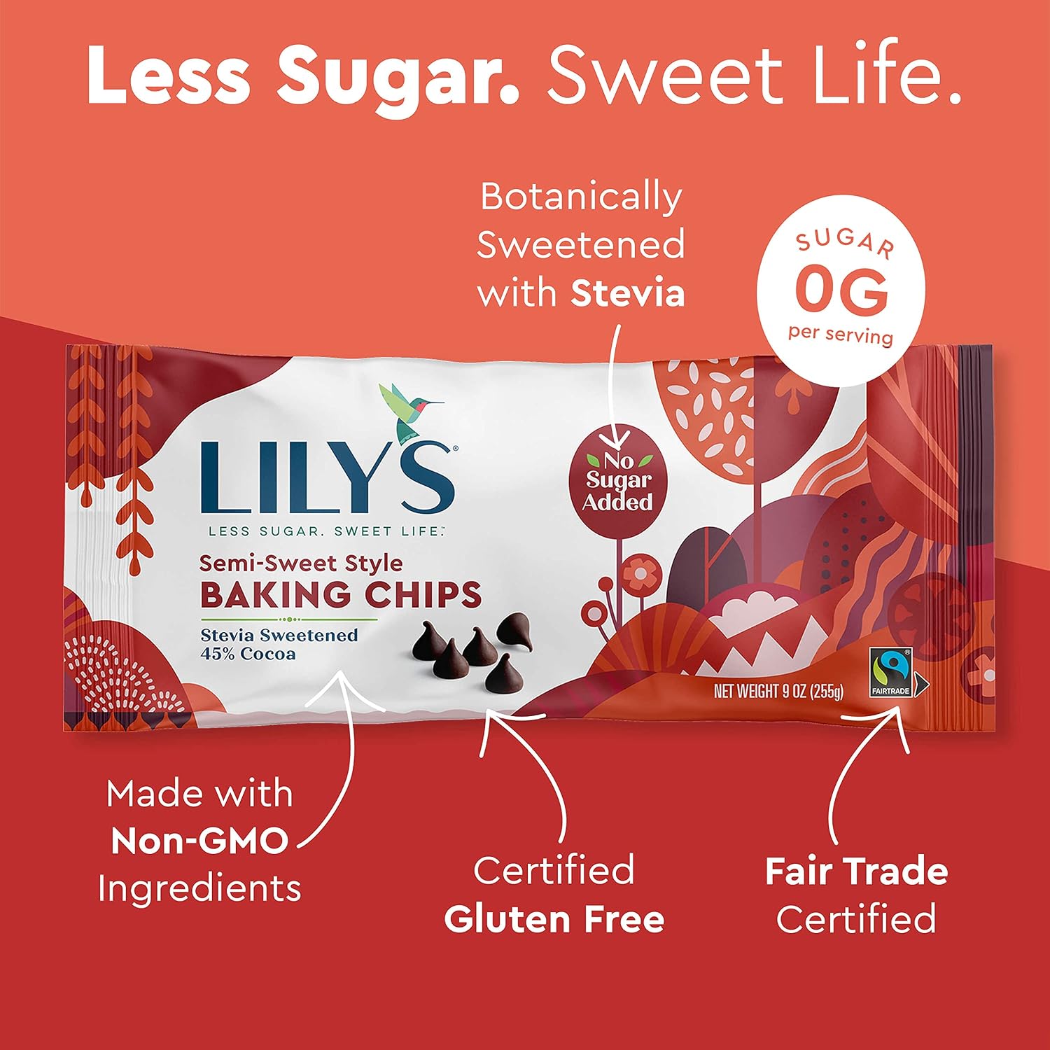 Semi-Sweet Chocolate Style Baking Chips by Lily's Sweets | Stevia Sweetened, No Added Sugar, Low-Carb, Keto-Friendly | 9oz, Pack of 12