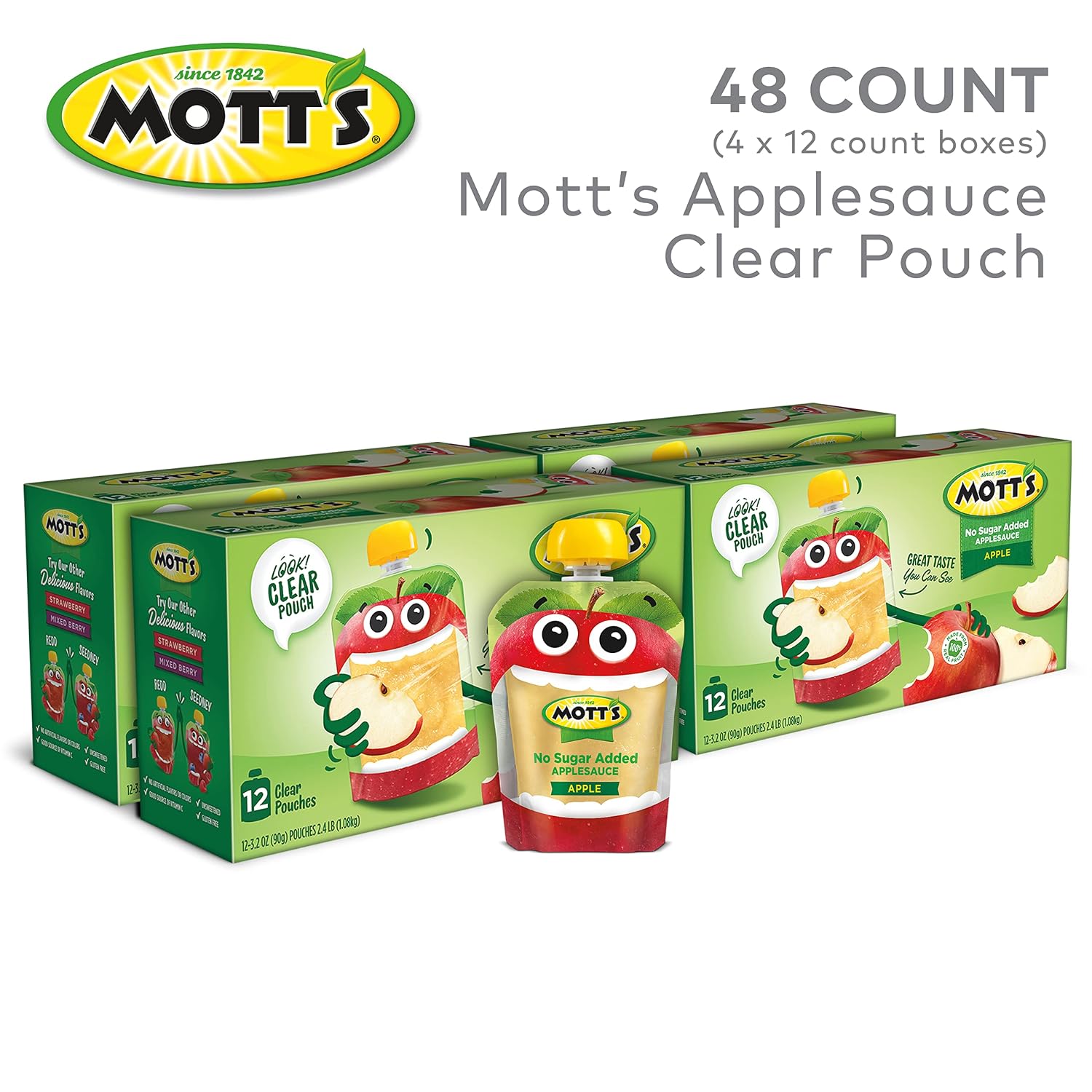 Mott's No Sugar Added Applesauce, 3.2 Oz Clear Pouches, 48 Count (4 Packs Of 12), Good Source Of Vitamin C, No Artificial Flavors