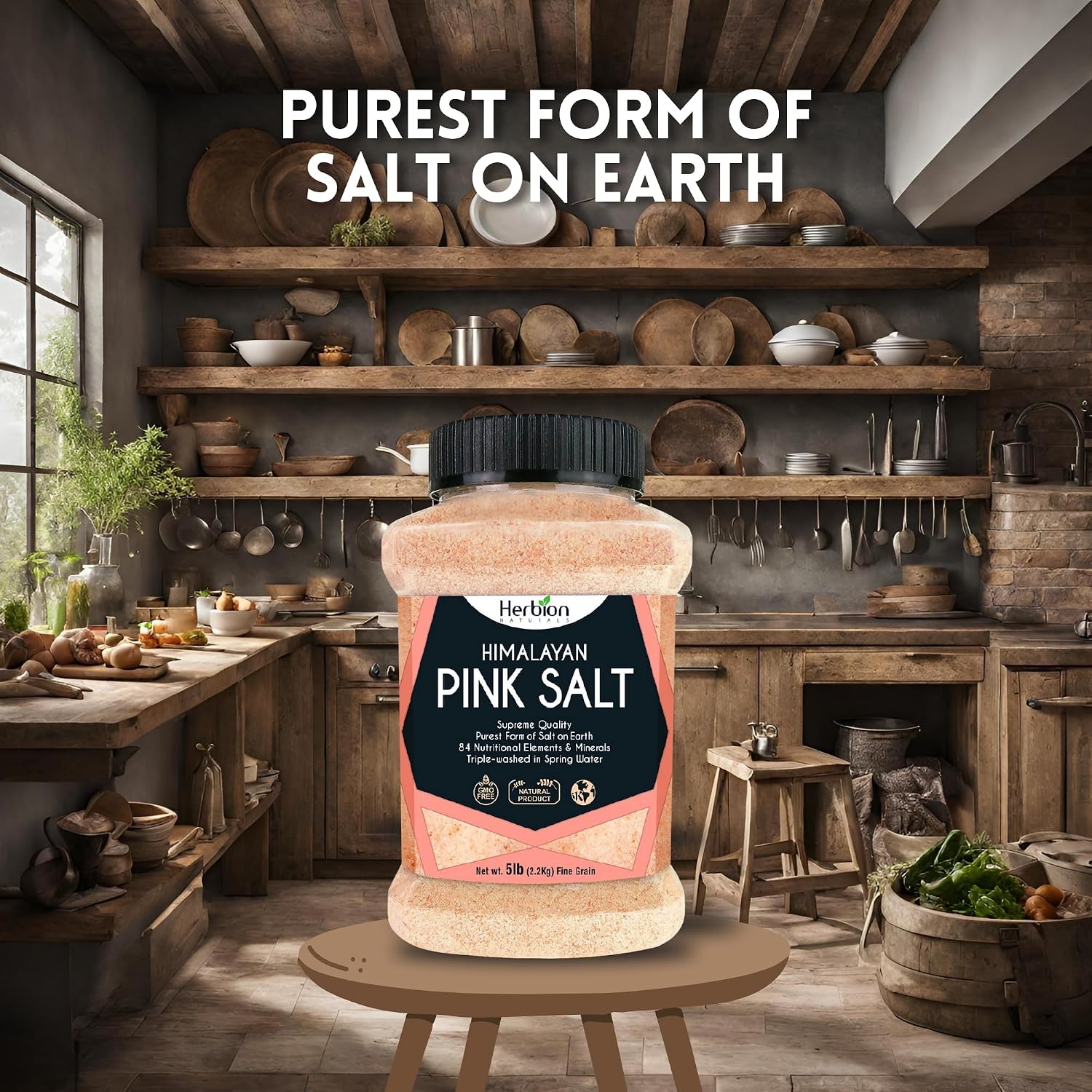 HERBION Naturals Himalayan Pink Salt Jar Fine Grain, GMO Free, Supreme Quality Chemical Free, Vegan, Kosher Certified, Fine Grain All Natural Salt