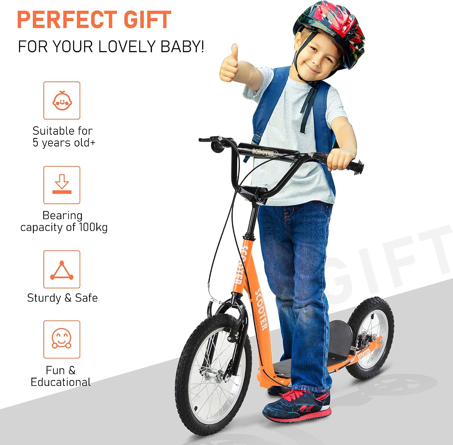 Aosom Youth Scooter Kids 5+ Adjustable Handlebar 16" Front 12" Rear
