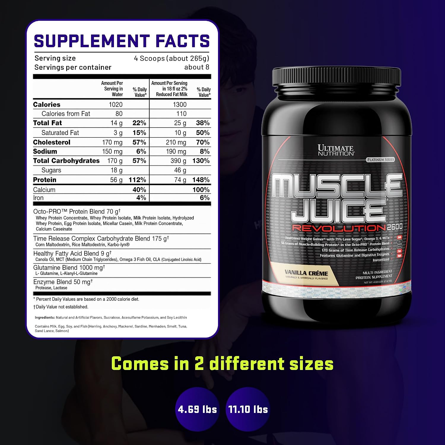 Ultimate Nutrition Muscle Juice Revolution 2600 Weight Gainer, Muscle Recovery with Glutamine, Micellar Casein and Time Release Complex Carbohydrates, Banana Protein Powder, 4.69 Pounds | 70g Octo-PRO™ Protein Blend, 175g Time-Release Carbs, 1000mg Gluta…